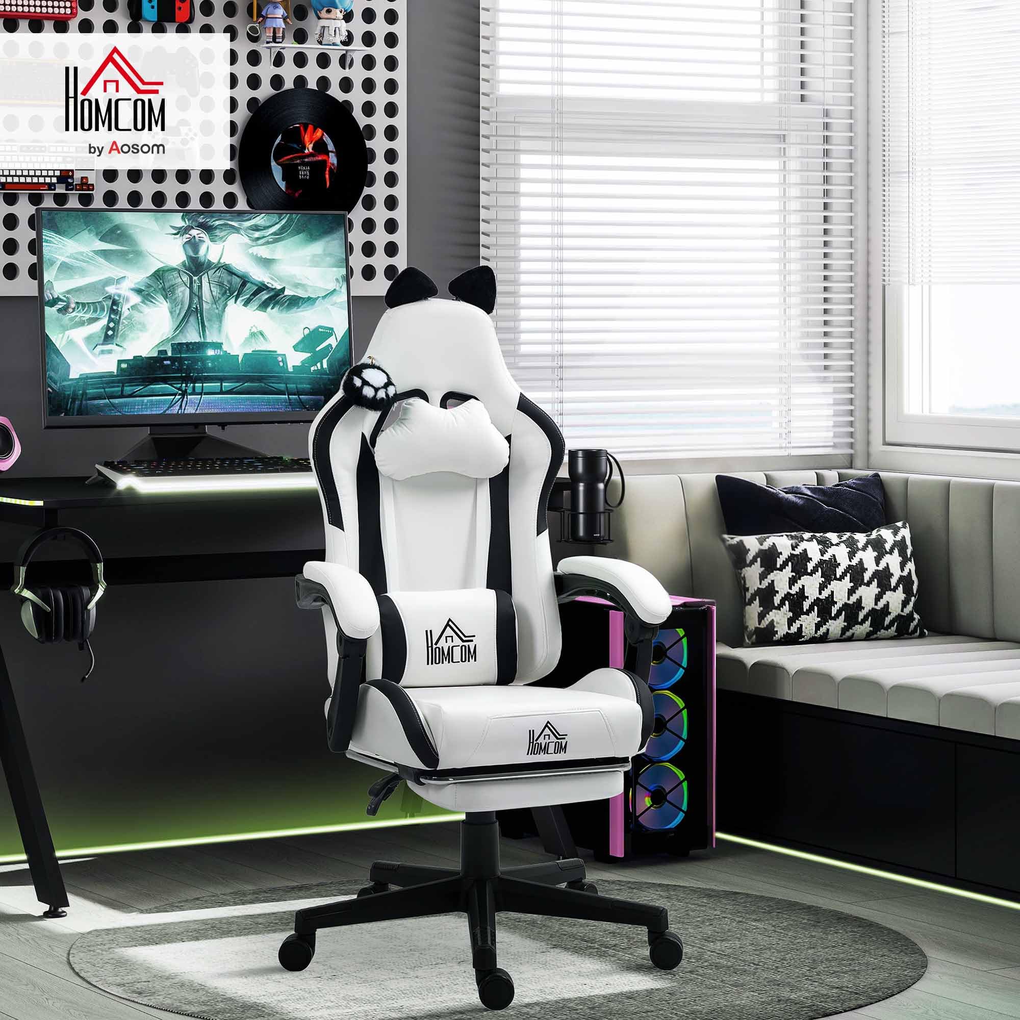 HOMCOM Chaise Gaming Ergonomique avec Oreilles de Chat Fauteuil Gamer Blanc