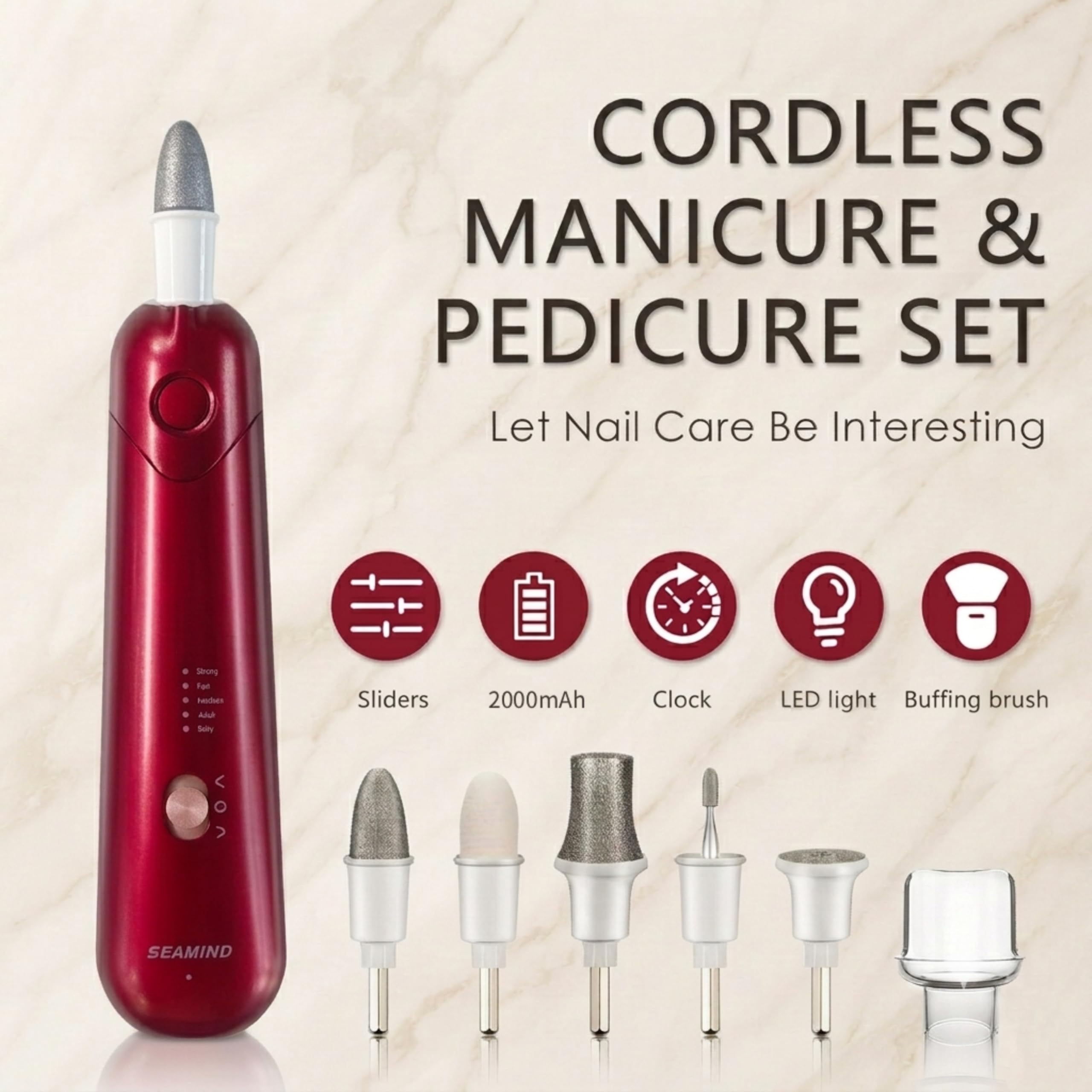 SEAMIND 5 in 1 Professionelle Elektrische Nagelfeile Kit, Kabellose Maniküre Pediküre Set, Wiederaufladbarer Nagelschleifer für Dicke Acrylnägel, 5 Geschwindigkeiten Hand Fußpflege Trimmer für Männer