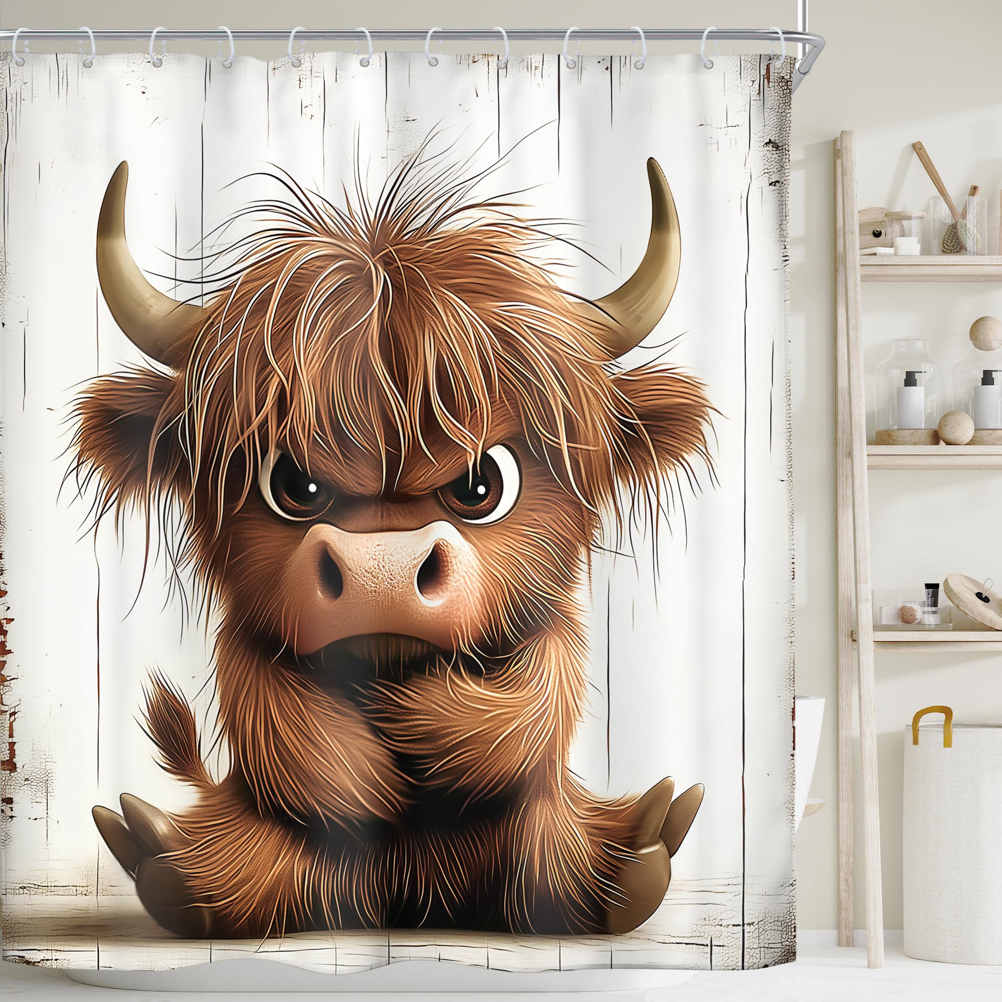 Riyidecor Funny Cow Shower Curtain Highland Cow Farmhouse Western Farm Animal Cattle Cute Rustic Hilarious Brown 72Wx72H Inch Kids Boys Fabric Decor