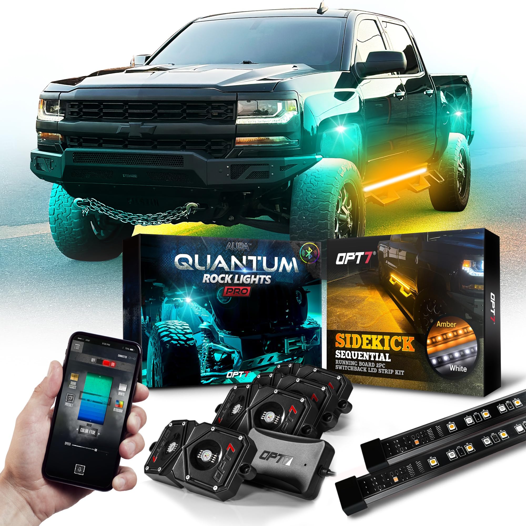 OPT7 4pc RGBW Rock Lights & 78" Running Board Lights