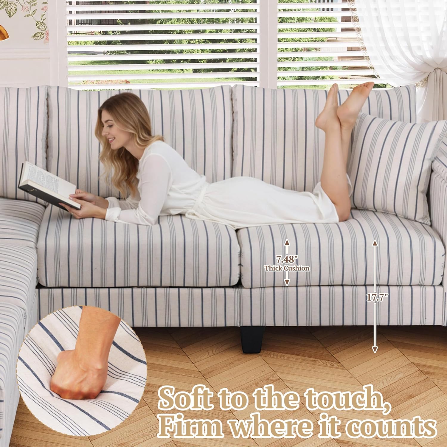 97" Stripe Pattern Sectional Corner Sofa with Storage Armrests & 2 Pillows, Oversized Modular Couch V-Shape Sofa Upholstered L-Shape Couch 5-Seat Sectional for Living Room, Apartment, Bedroom