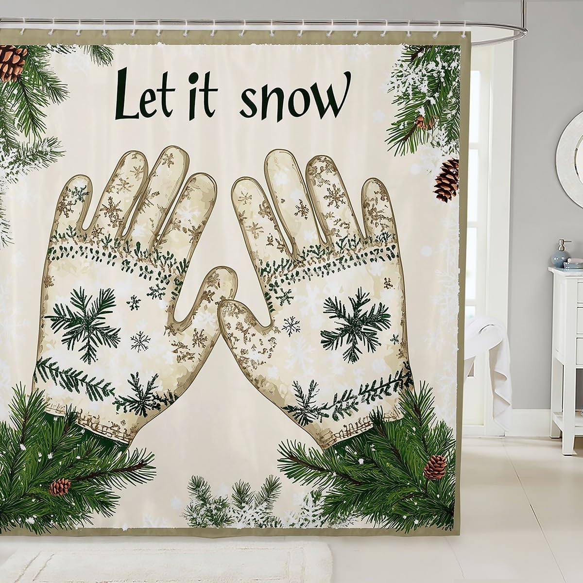 Erosebridal Christmas Snowflake Gloves Bathroom Accessories Happy New Year Shower Curtain Xmas Holiday Theme Bathroom Curtain for Kids Adults 72" Wx72 L Green Pine Leaf Shower Decor