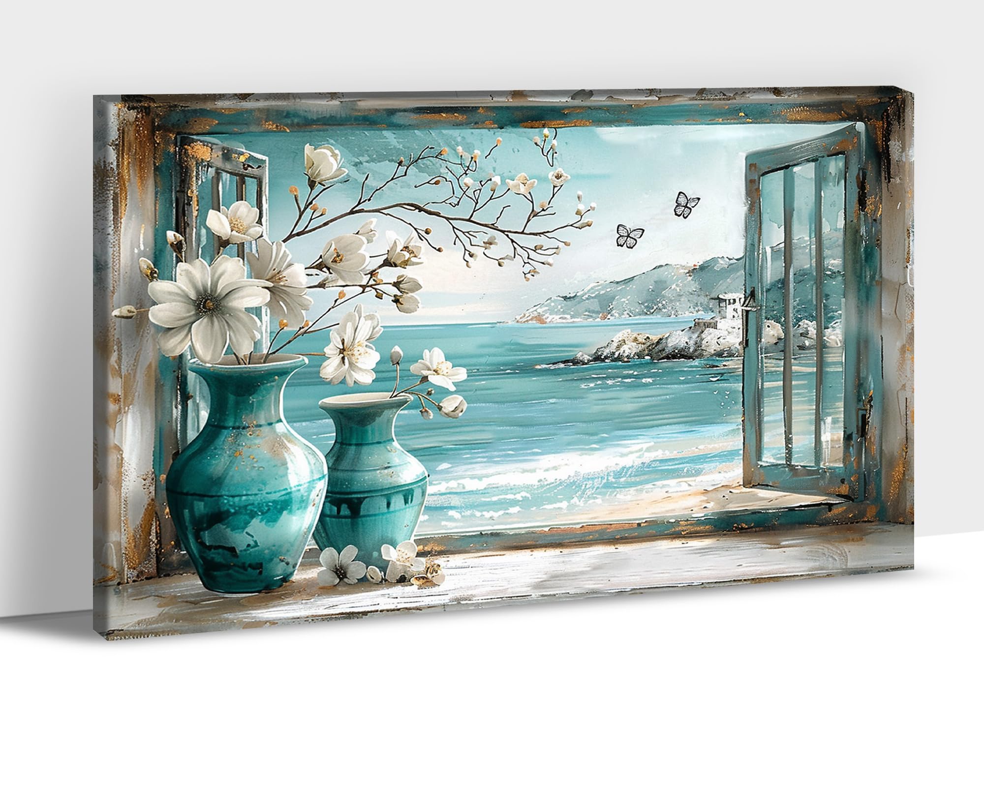 Teal Canvas Wall Art Farmhouse Flower Bathroom Wall Decor, White Flower Rustic Wall Art Decor for Bedroom Bathroom Living Room Office, Framed Country