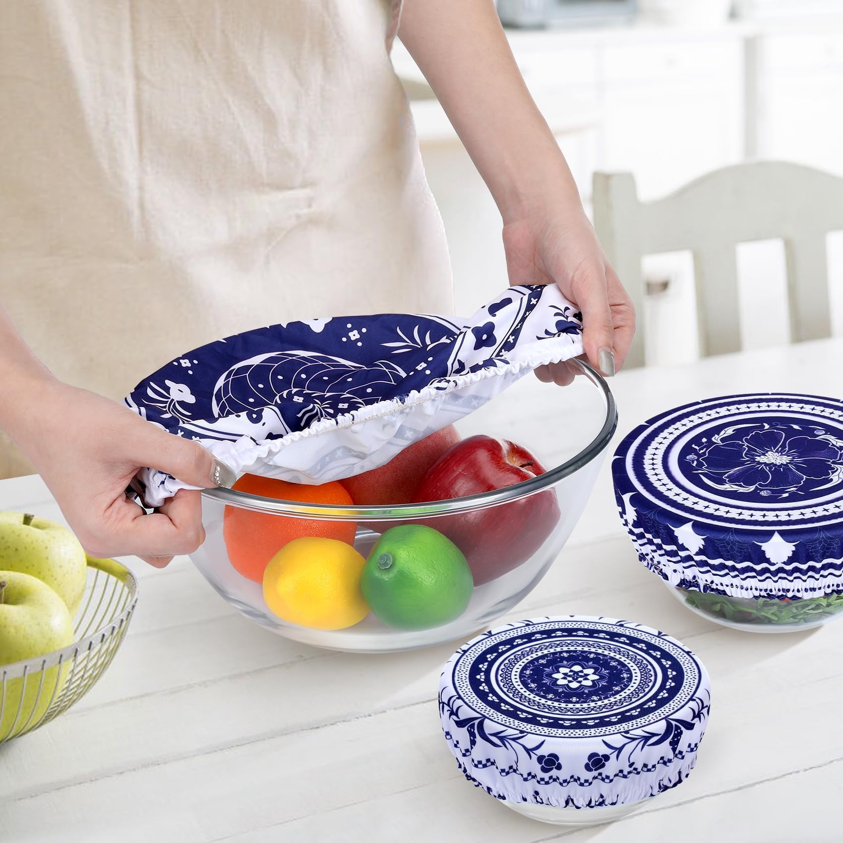 5 coperture per ciotole riutilizzabili, in tessuto elasticizzato di 5 dimensioni, per il pane, in tessuto di cotone elastico, riutilizzabili, lavabili per alimenti, frutta, avanzi (vite blu)