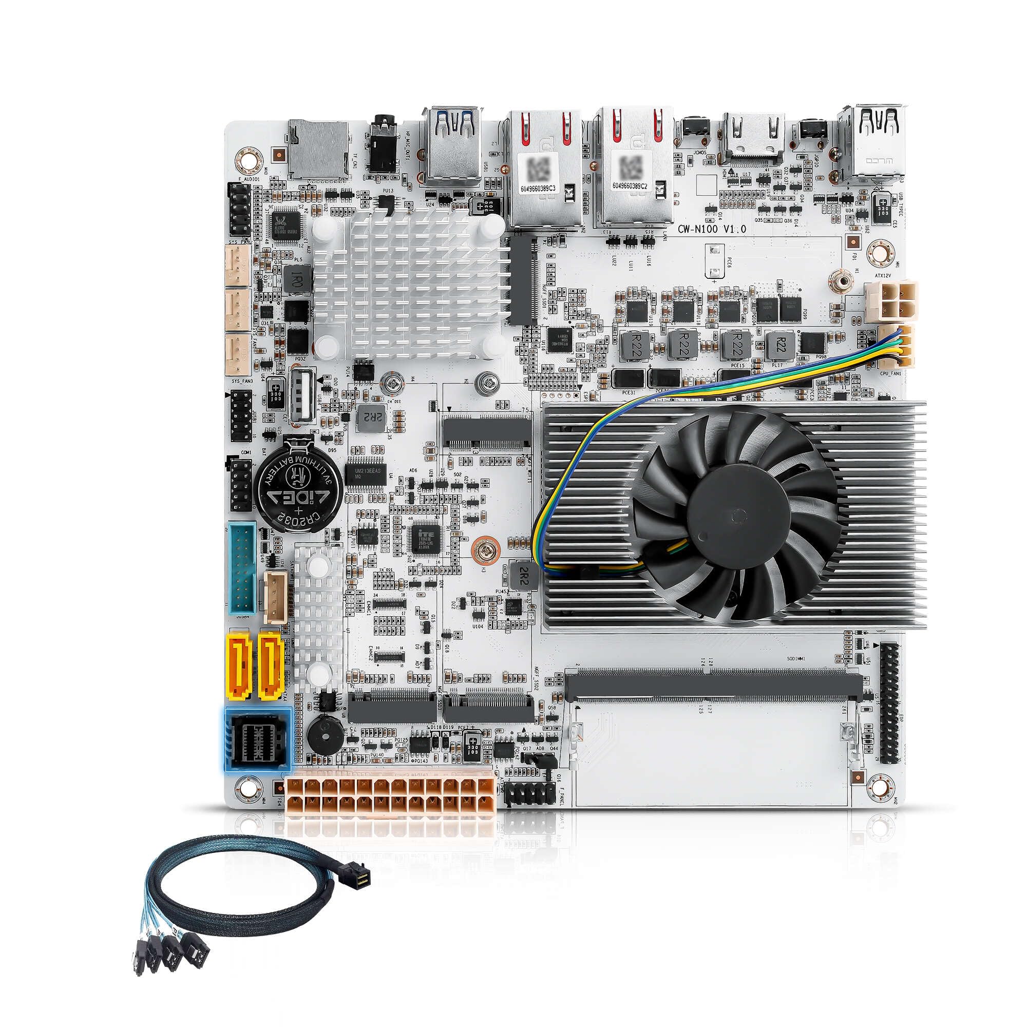 NAS Motherboard 6 Bay SATA3.0, N150, Mini-ITX Motherboard with 2 x 10GbE LAN, 3 x M.2 NVMe, Computer Board, Type-C, TF, HD, DDR5, Barebone, No RAM NO SSD (with Adapter)