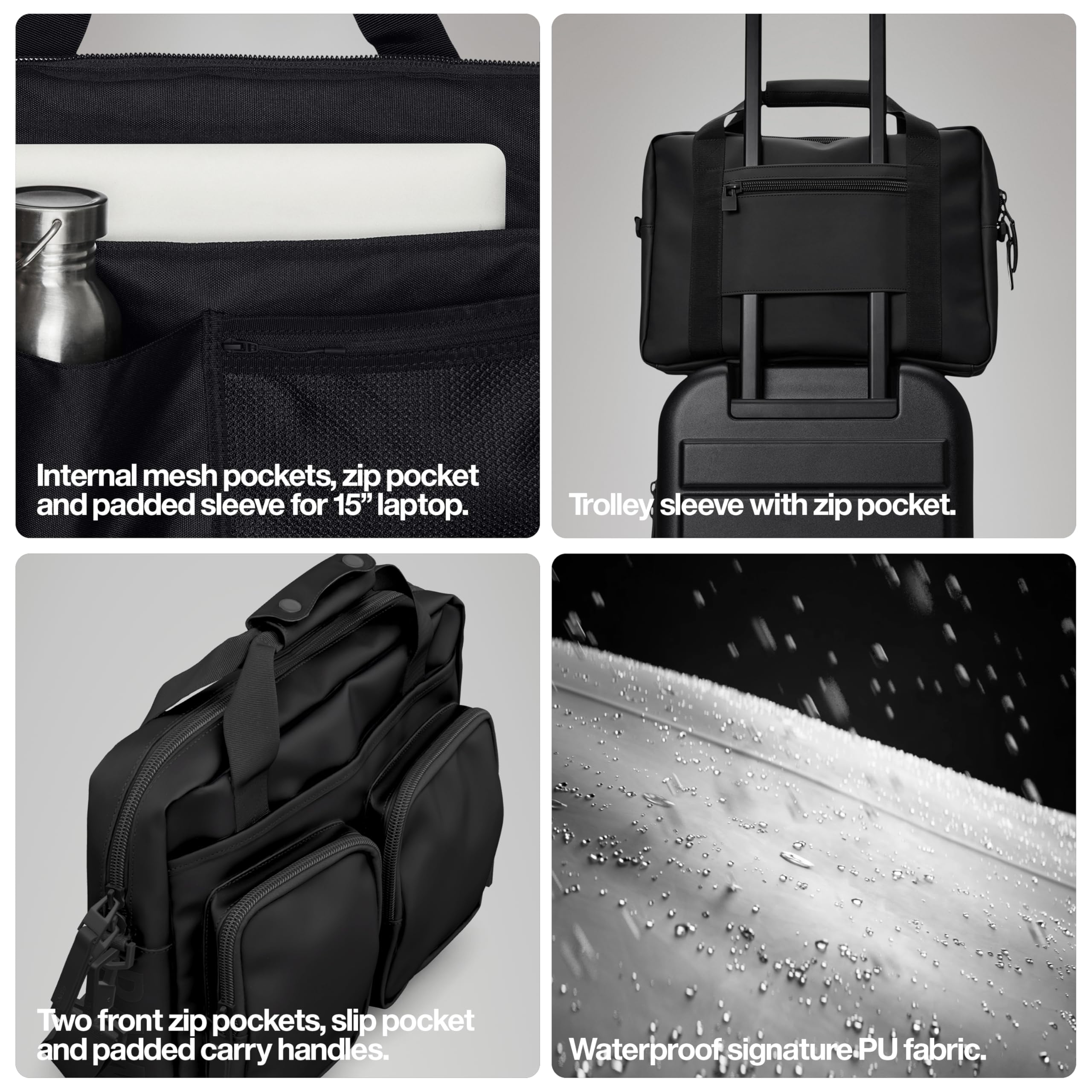 RAINS Texel Tech Laptop Bag Waterproof Bag for College, Work Fits 15 inches laptop Travel Backpack Front Zip Pockets (Black)