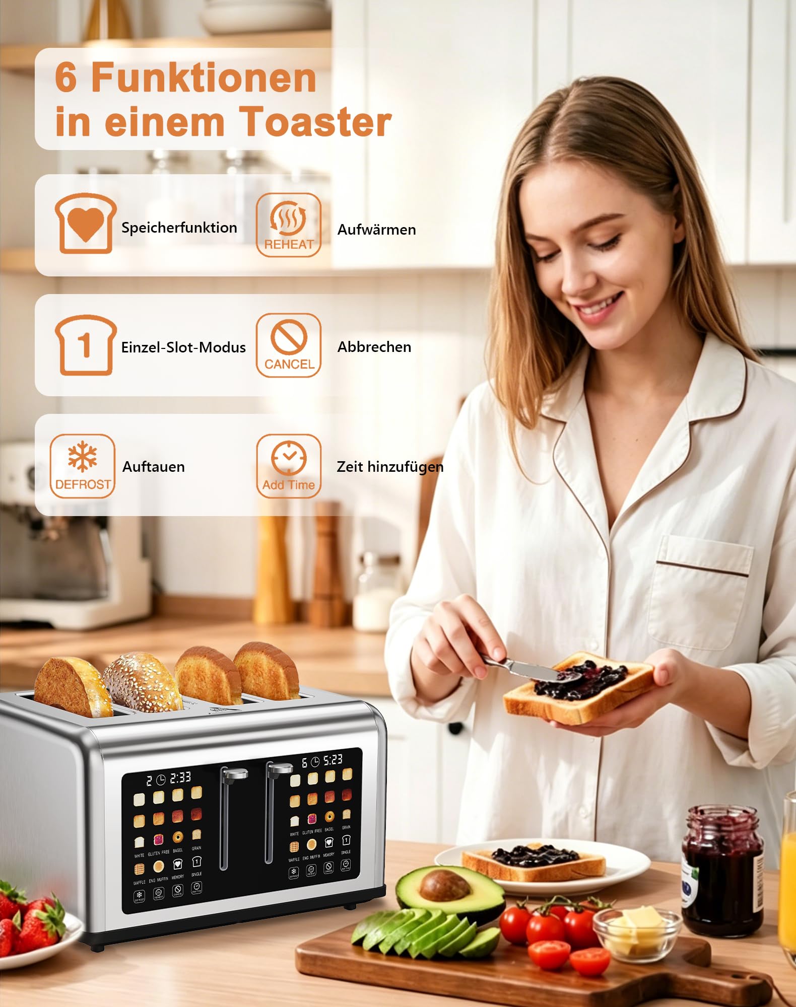 Toaster 4 Scheiben, Edelstahl Langschlitztoaster mit Smart Touchscreen & LED-Countdown, 8 Bräunungsstufen, 6 Brotprogramme, Auftauen & Aufwärmen Funktion, für Bagels & dicke Brotscheiben, 1760W