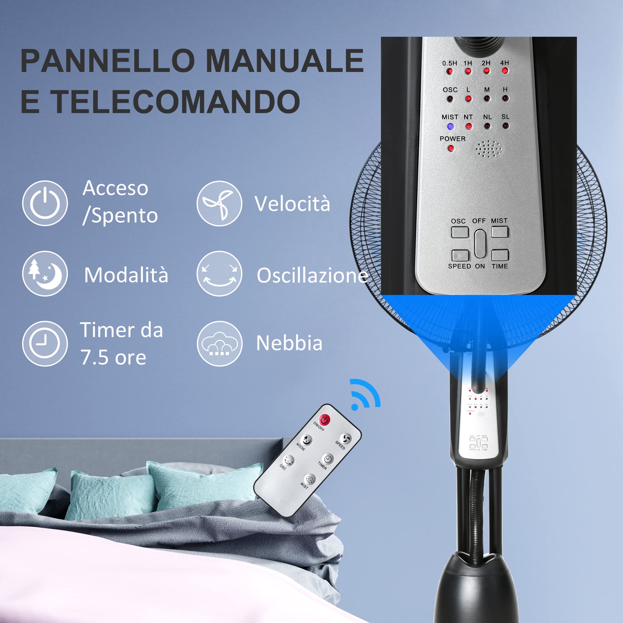 HOMCOM Ventilatore Nebulizzatore e Deumidificatore Oscillante 70° con 3 Modalità, Telecomando e Timer 7.5h, Tanica 2.8L, 90W, Ф44.5cm x 120cm