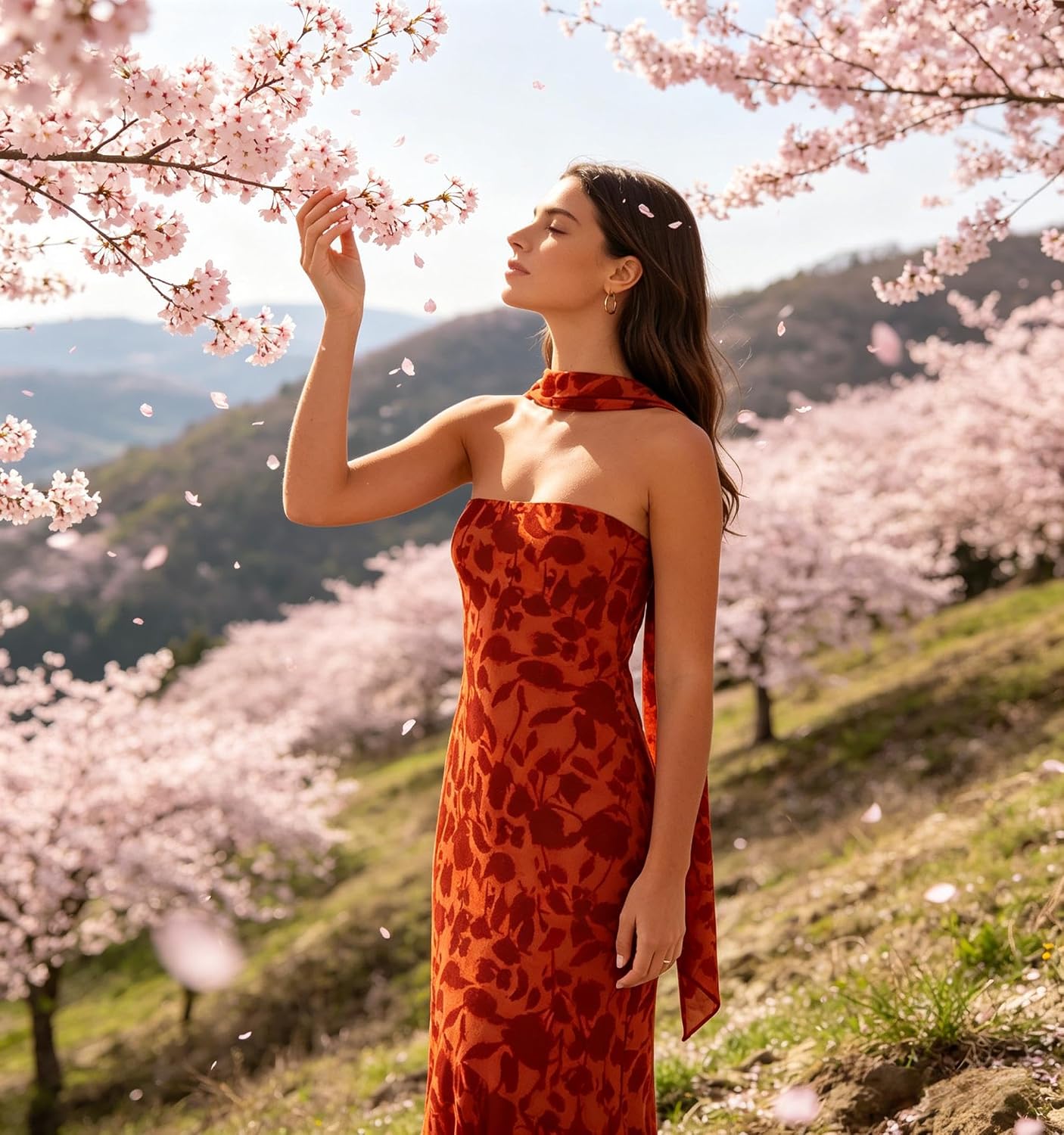 Women's Floral Tube Maxi Dress with Scarf - Y2k Strapless Bodycon Long Dress, Mesh Formal Cocktail Sundress