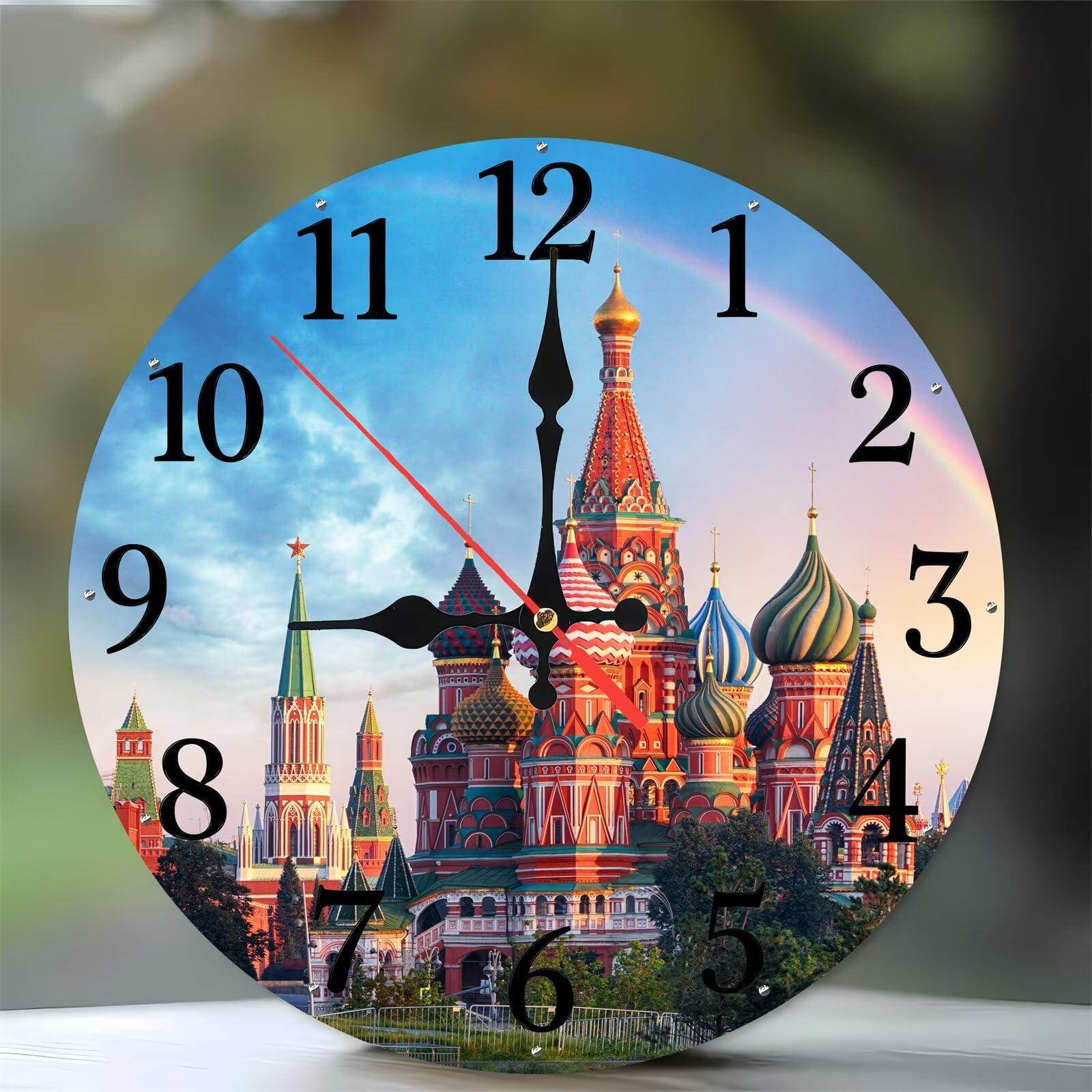 Horloge murale moderne bois silencieuse 35 cm paysage arc-en-ciel