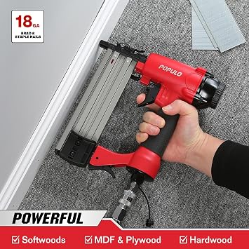 POPULO 2 Pneumatic Brad Nailer, 2 in 1 Air Nail Gun Staple Gun with 1600 Staples and Nails, 18 Gauge Brad Stapler Nailer for Upholstery, Wood Work, or Material Repair (Air Compressor Not Included)