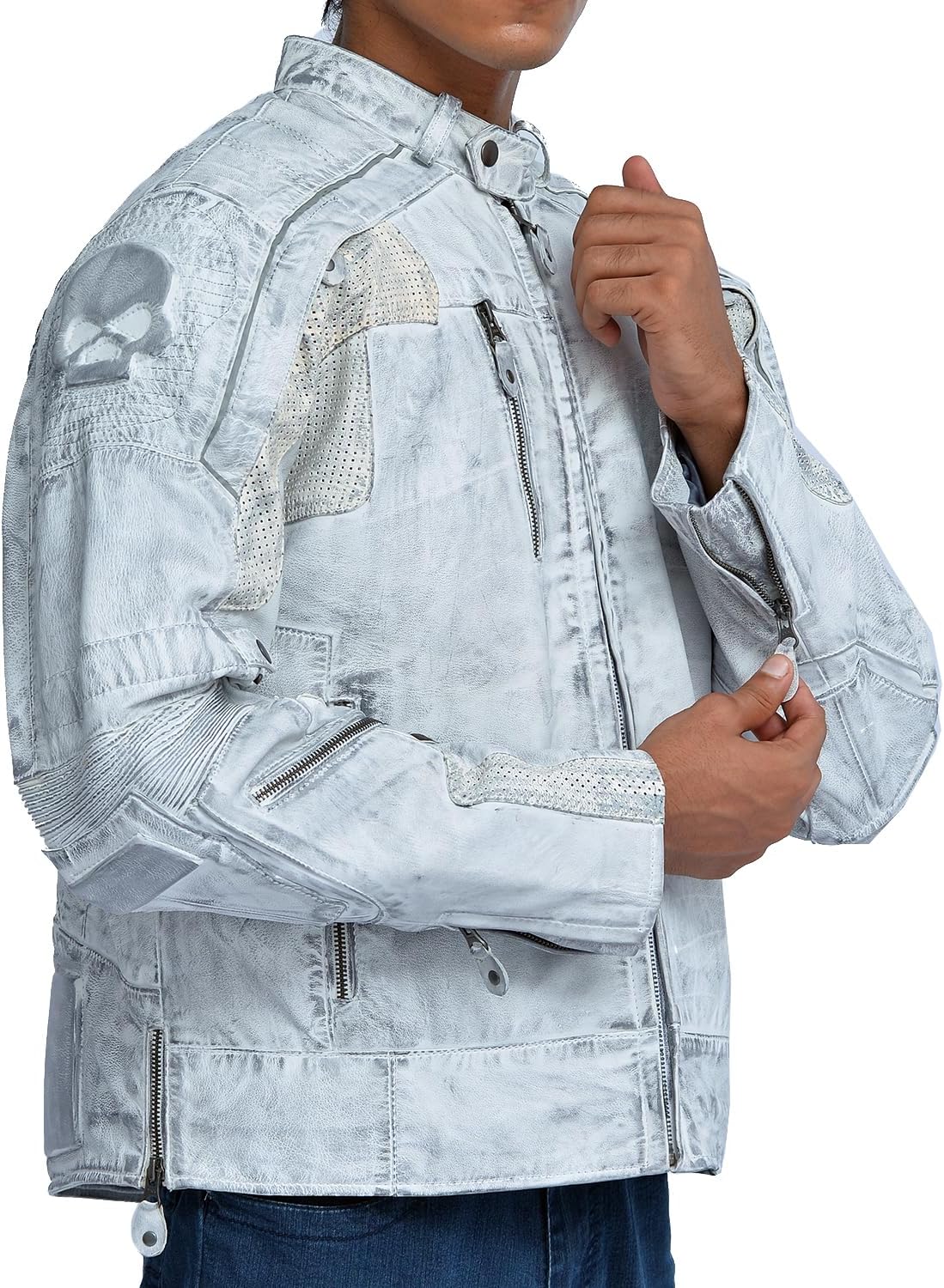 Genuine Black & White Distressed Real Leather Biker Motorcycle Jacket for Men Bomber Cruiser Real Lambskin Vintage Jacket