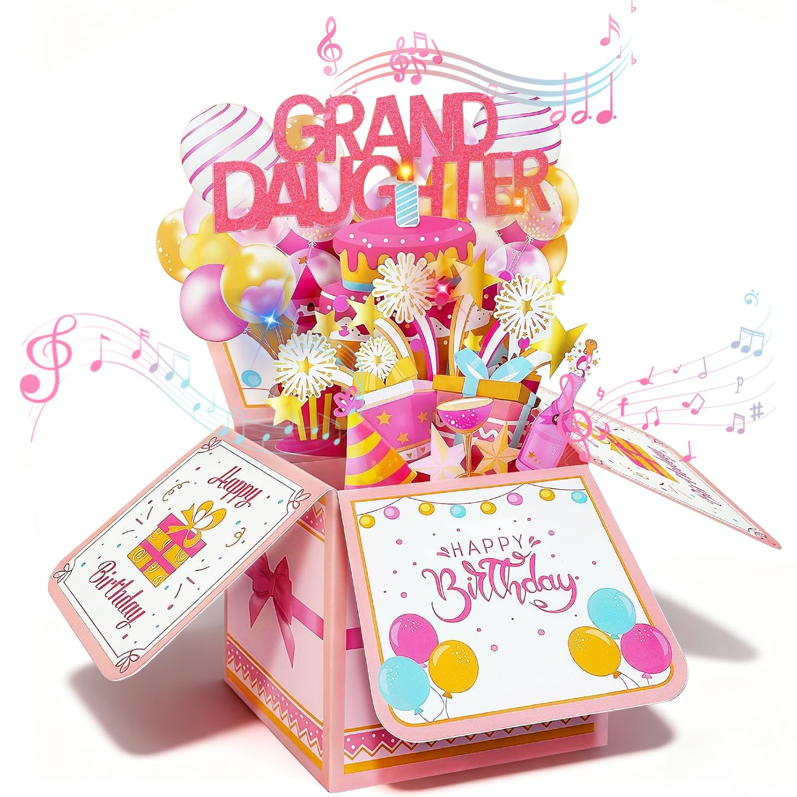 Pop Up Birthday Card for Granddaughter with Music and Lights, 3D Cake Design Blow Out Candle Greeting Card, Musical Happy Birthday Granddaughter Gift, Unique 3D Card with Envelope from Grandparents