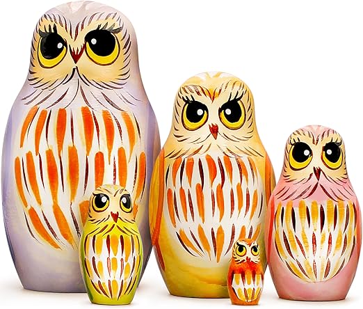 AEVVV Owl Nesting Dolls Set of 5 pcs - Matryoshka Doll with Owl Figurines - Owl Decor - Handmade Wooden Owls