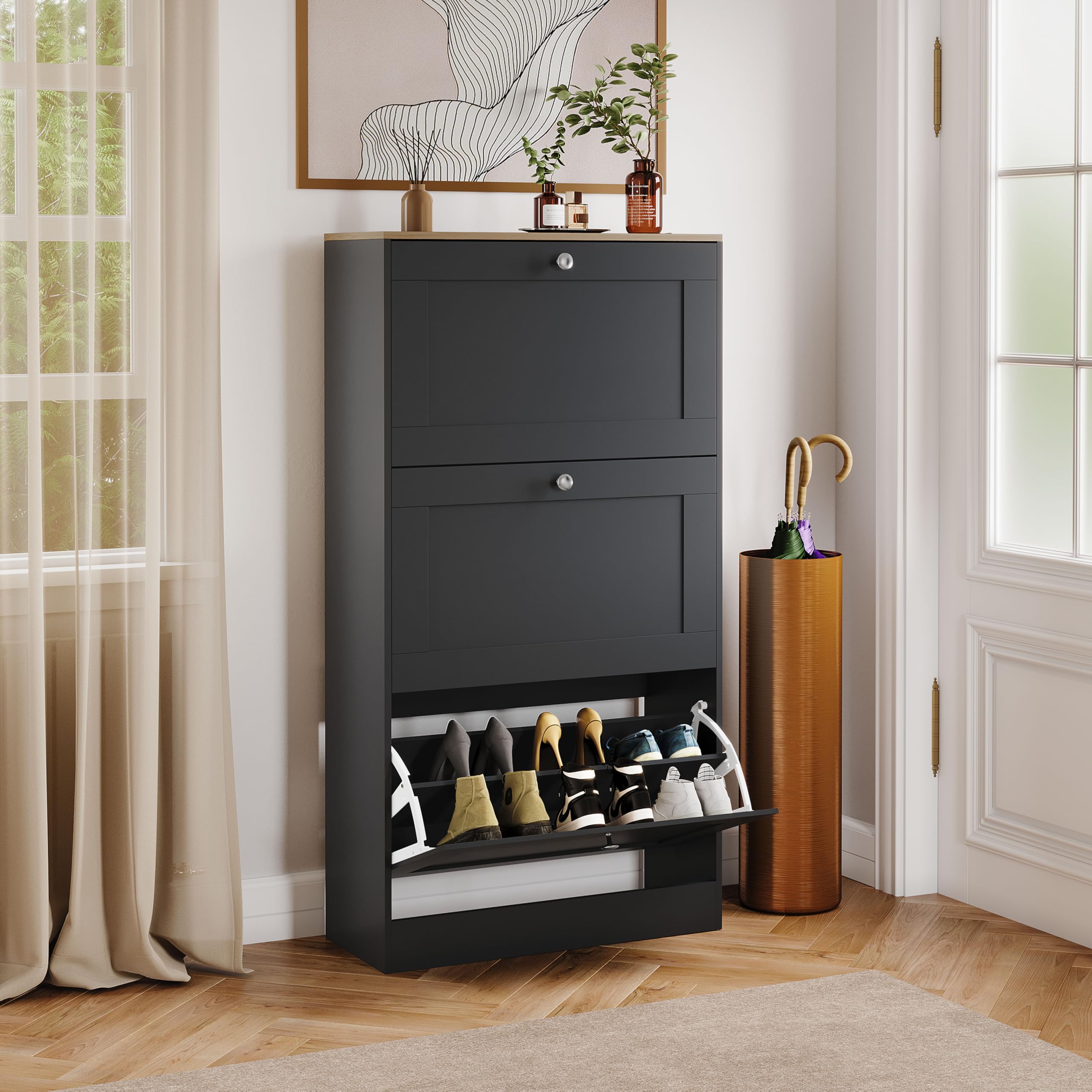 Vida Designs 3 Drawer Shoe Cabinet | Black & Oak | Space-Saving Storage for 15+ Pairs | 117H x 58W x 23.5D cm | Anti-Tip | Modern Hallway Unit