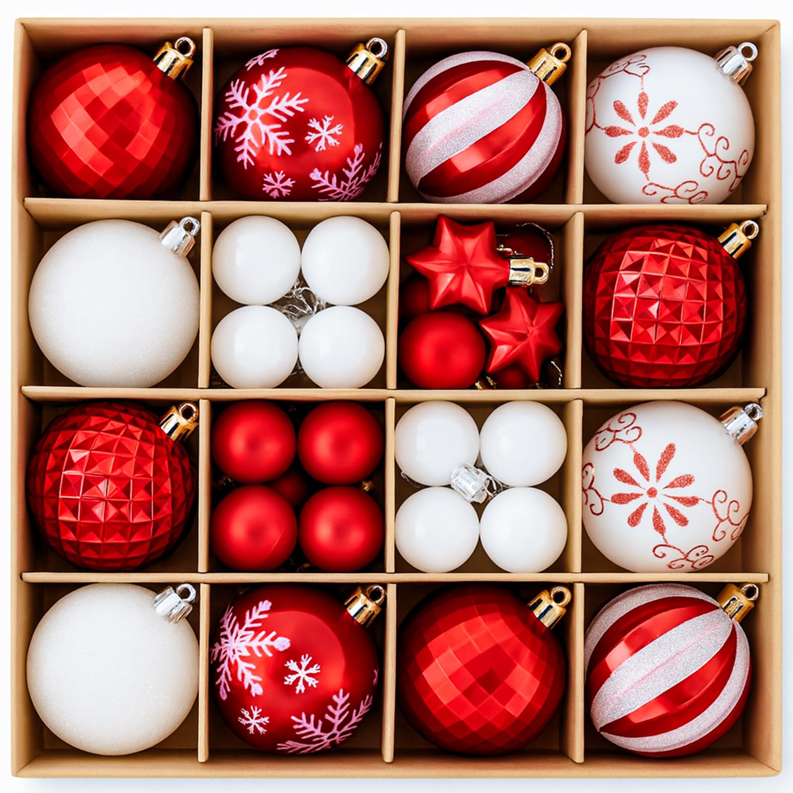 XHDA Christmas Tree Baubles, 44Pcs Red White Shatterproof Christmas Decorations Baubles, Hanging Xmas Tree Decorations for Festive Holiday Home Decor