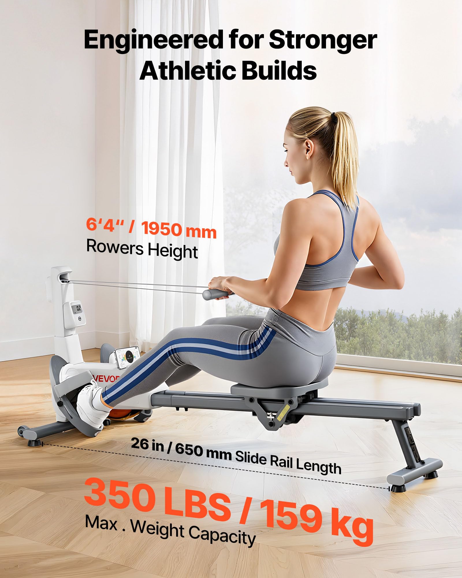 VEVOR Rameur Magnétique, Ergomètre avec Résistance Réglable à 16 Niveaux, Pliable, Capacité de Charge de 158 kg, avec Double Rail Coulissant, Compatible avec Application Bluetooth et Écran LCD
