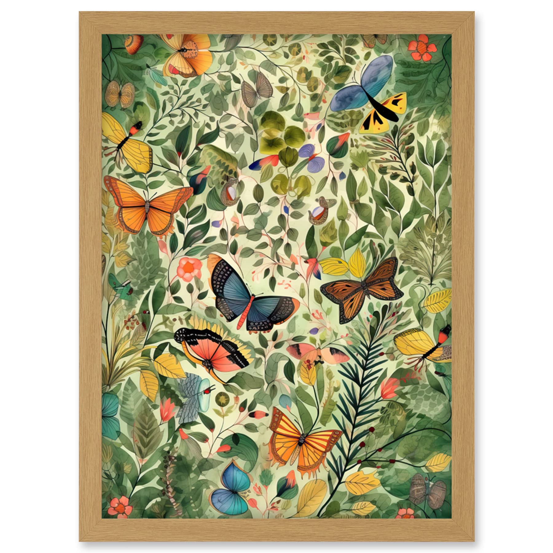 Artery8 Butterflies Flying in Spring Field Modern Folk Art Artwork Framed Wall Art Print A4