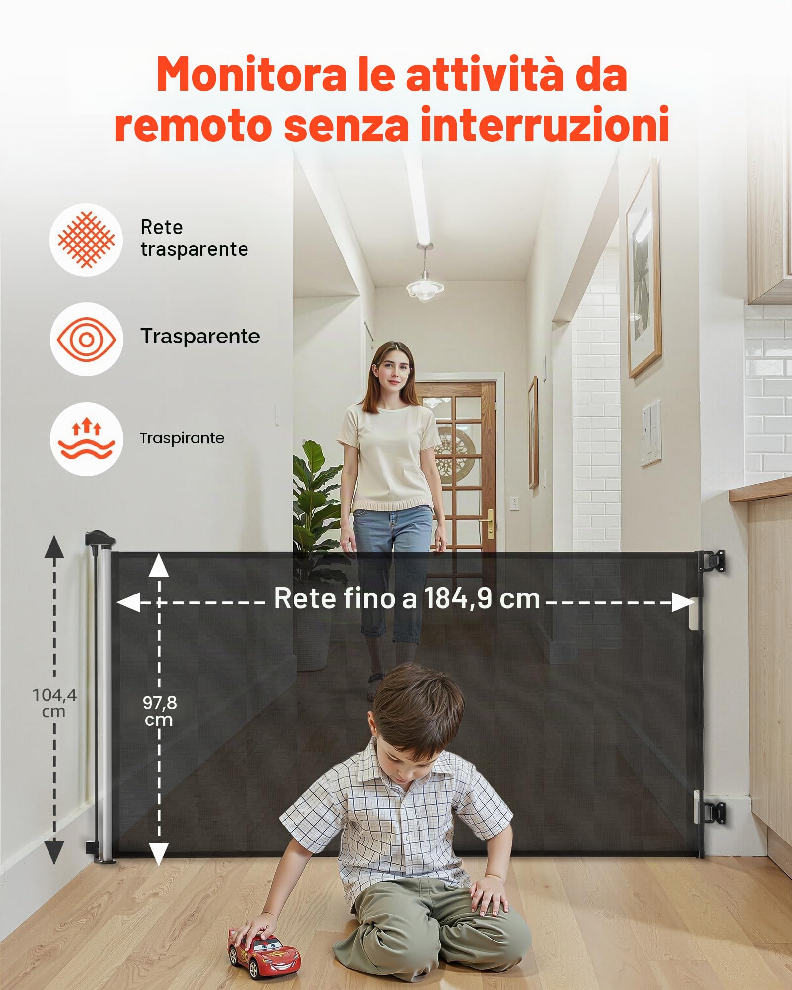 VEVOR Cancelletto Retrattile, Installazione Interna 1850 mm di Larghezza, 980 mm di Altezza, con Strisce in Fibra di Vetro Rinforzata, Impedisce che Si Infilino, Cancelletto in Rete per Cani, Nero