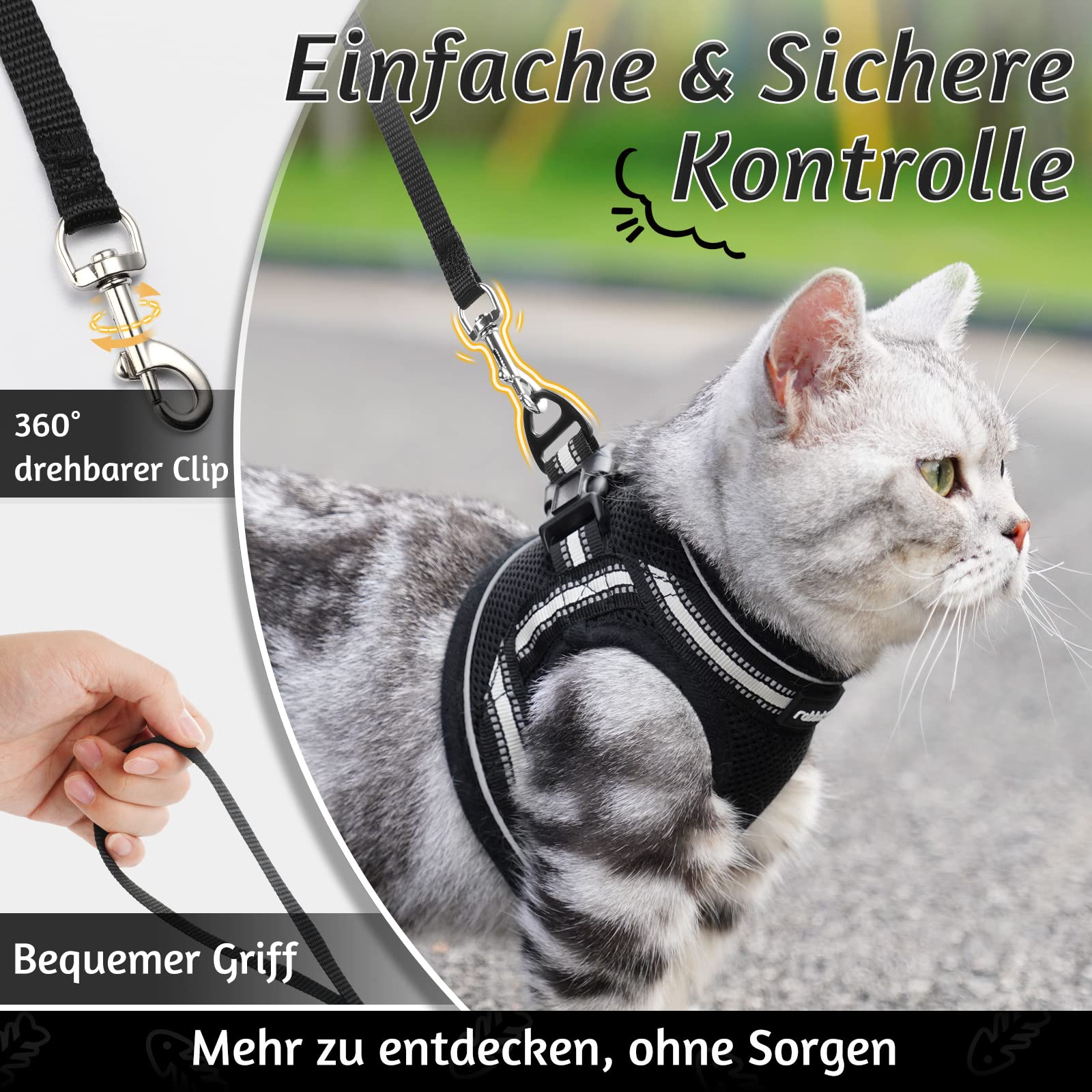 rabbitgoo Katzengeschirr mit Leine Ausbruchsicher, Katzenleine mit Geschirr, Katzengeschirr Kitten Verstellbar Weich Kätzchenweste mit Reflektierenden Streifen für Extra Kleine Katzen, Schwarz S