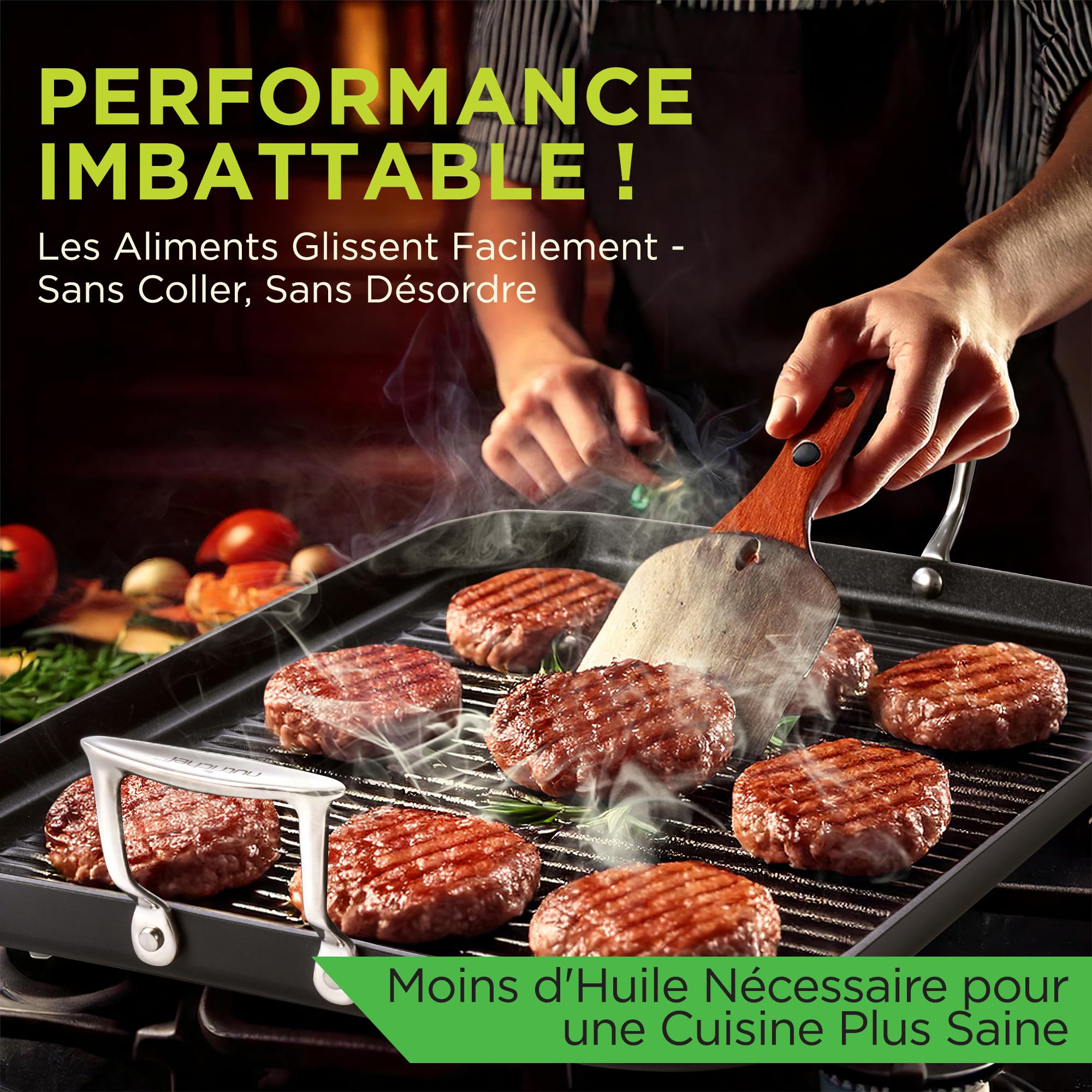 NutriChef Poêle Grill 50,8 cm x 33 cm pour Cuisinière-Double brûleur- Poêle en Fonte- Plaque Chauffante Antiadhésive en Fonte Anodisée Dure, Noir