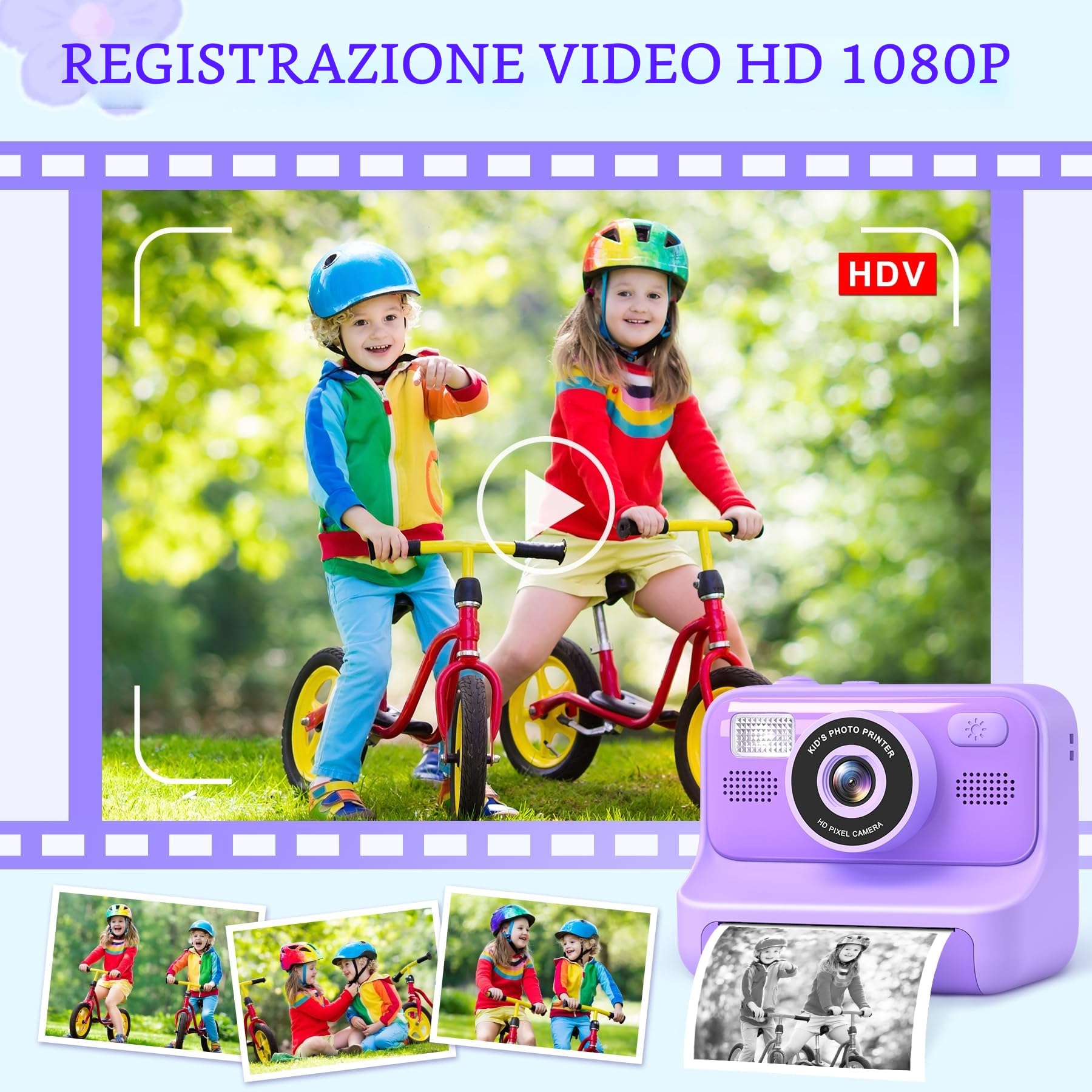 Subtail Fotocamera istantanea per bambini, 1080P, fotocamera istantanea per bambini, fotocamera digitale per selfie con 32 GB, giocattolo di compleanno a partire da 3-12 anni(Viola)