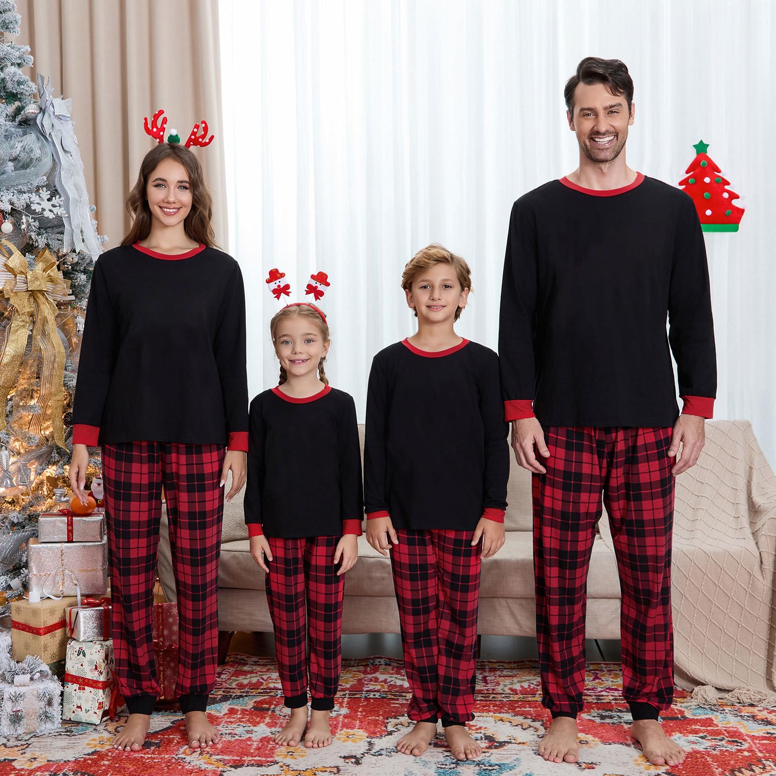 Set pigiama abbinato per la famiglia, a maniche lunghe, in cotone, con pantaloni a quadri di bufalo, abbigliamento da casa natalizio