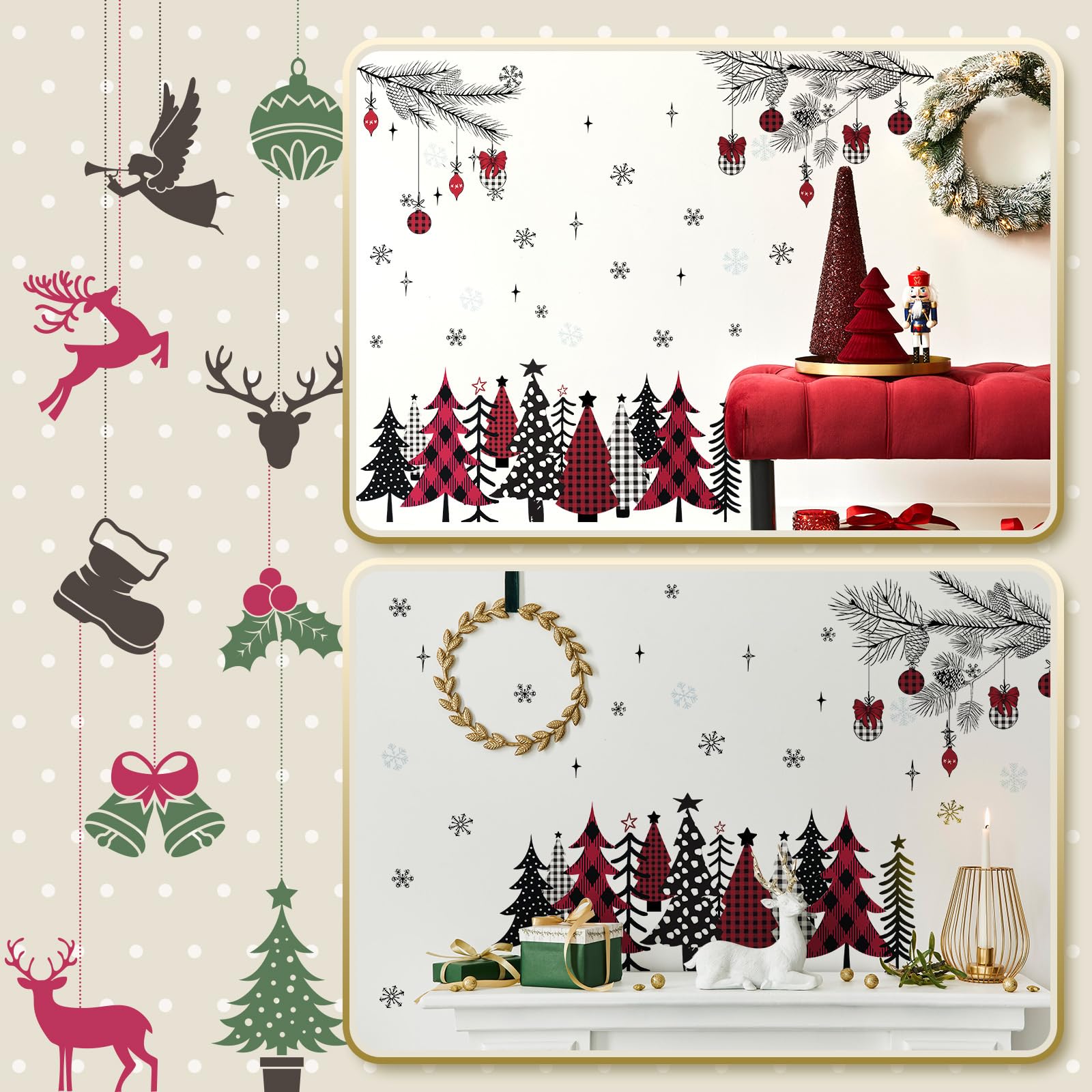 Qeeenar 3 hojas de calcomanías de pared de Navidad, calcomanías de Navidad para ventana, calcomanías de árbol de Navidad, calcomanías de pared extraíbles para invierno, sala de estar, decoración de