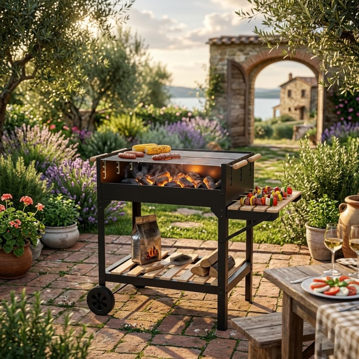 Barbecue A Carbone Con Ripiano Laterale Porta Utensili E Mensola Inferiore Struttura In Acciaio Con Ruote Per Giardino Patio Picnic E Outdoor Cooking 122 x 53 x 100 Cm Nero