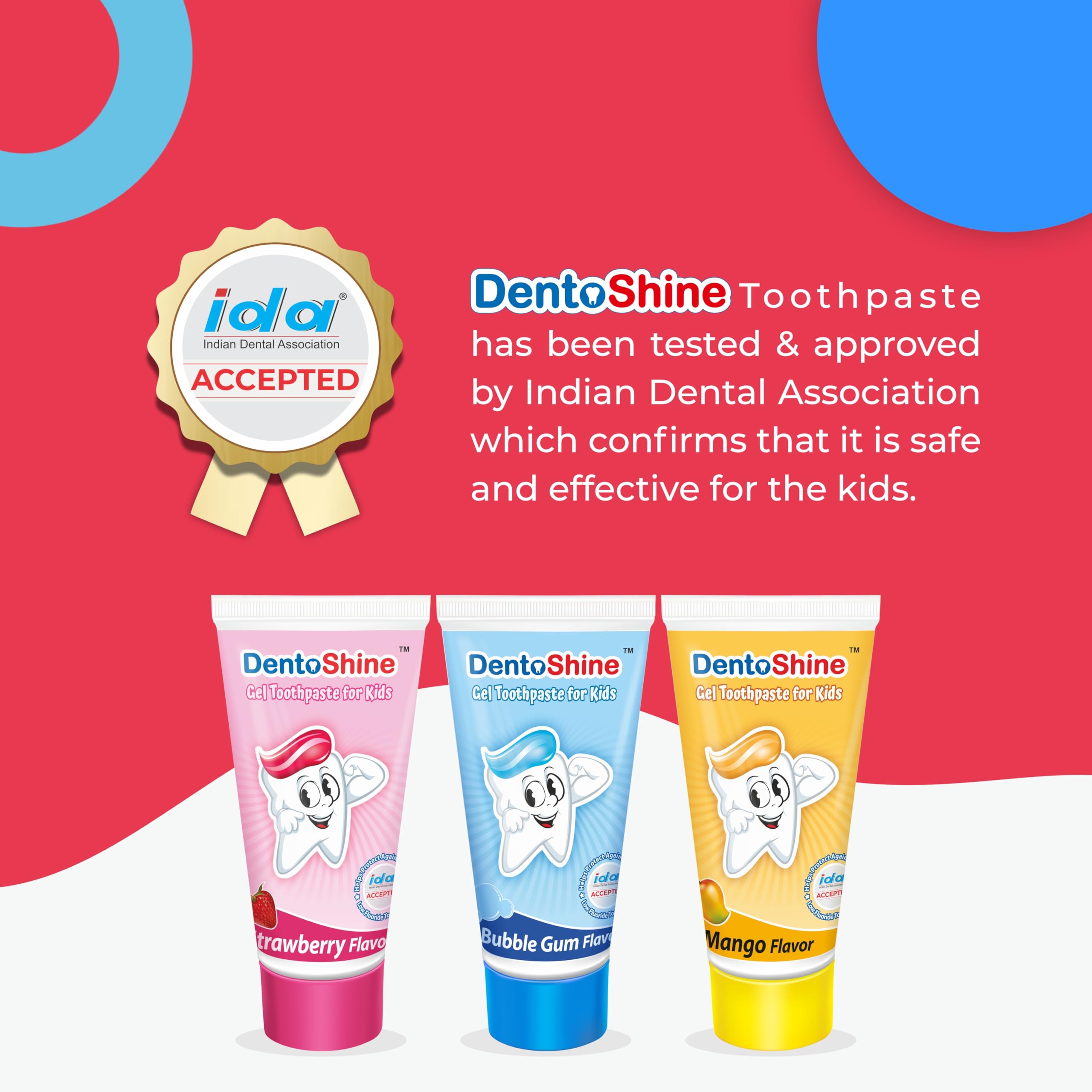 DentoShine Gel Toothpaste for Kids | Pack of 3 Flavors (Strawberry, Mango & Bubblegum, 80g each) | IDA Accepted | Ages 2+