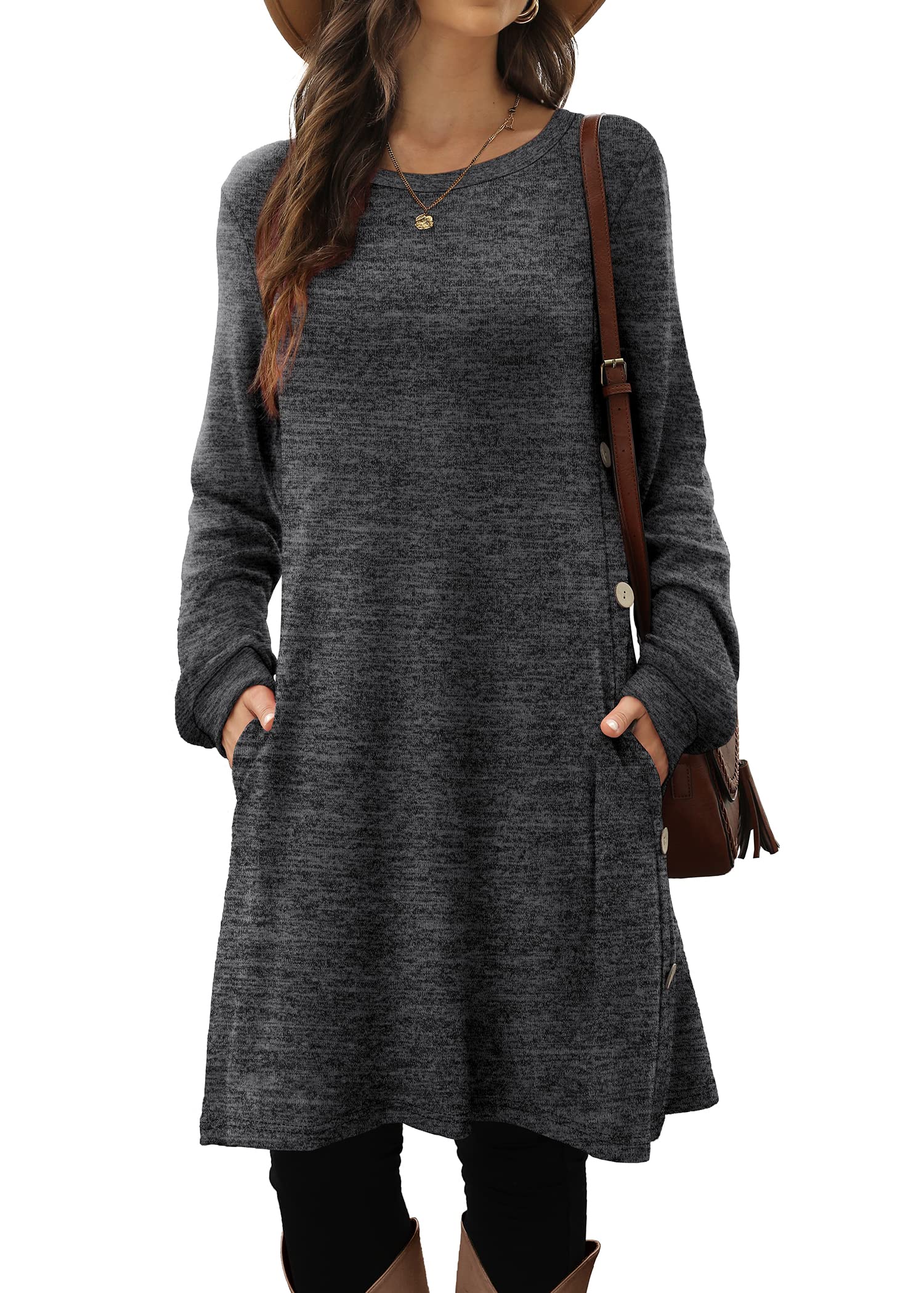 Glanzition Womens Long Sleeve Dress Fall Sweater Dresses with Pockets Side Button Small 2grey