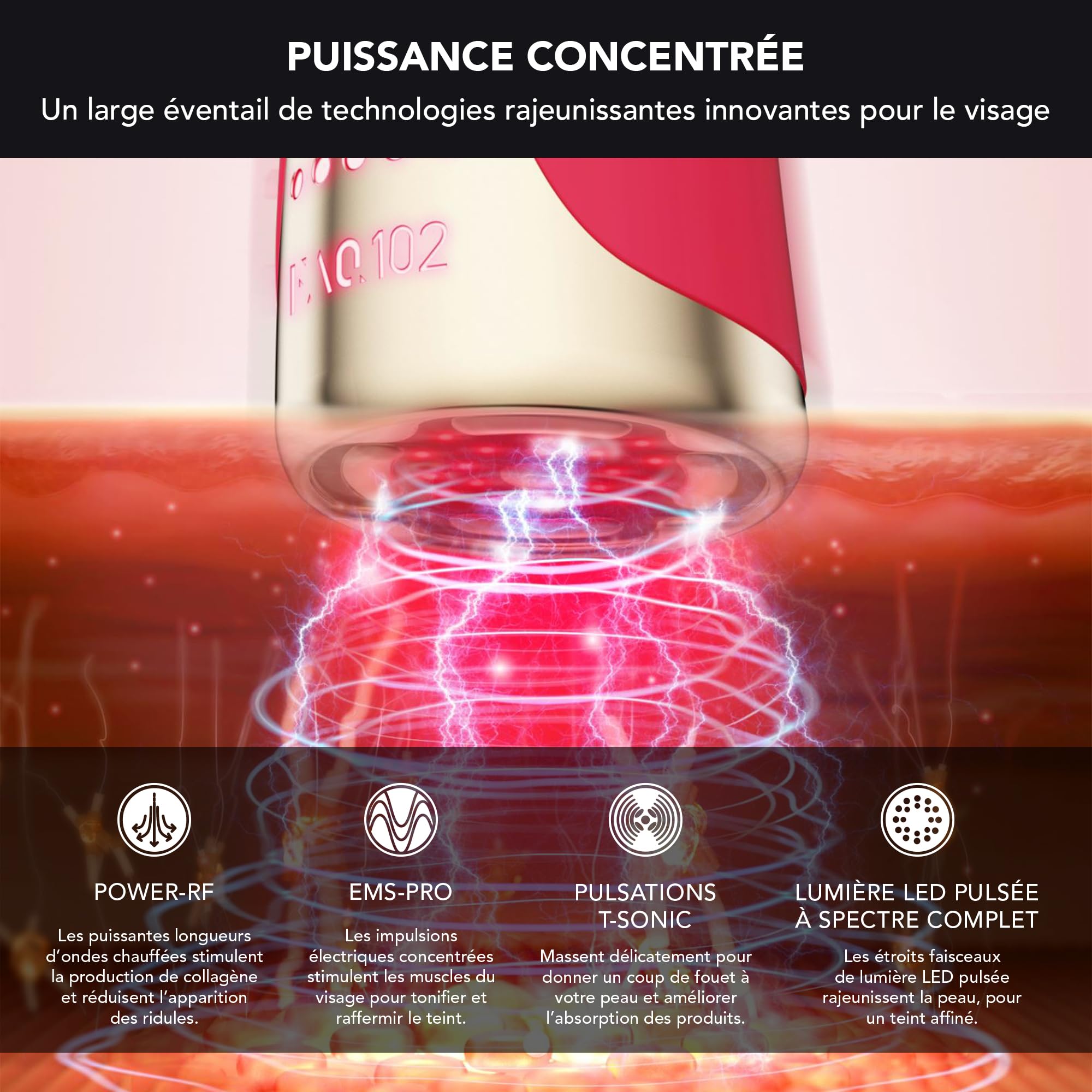 FAQ 102 Appareil Visage EMS, RF & 8 LED - Massage Lumière Rouge, Pink Ruby