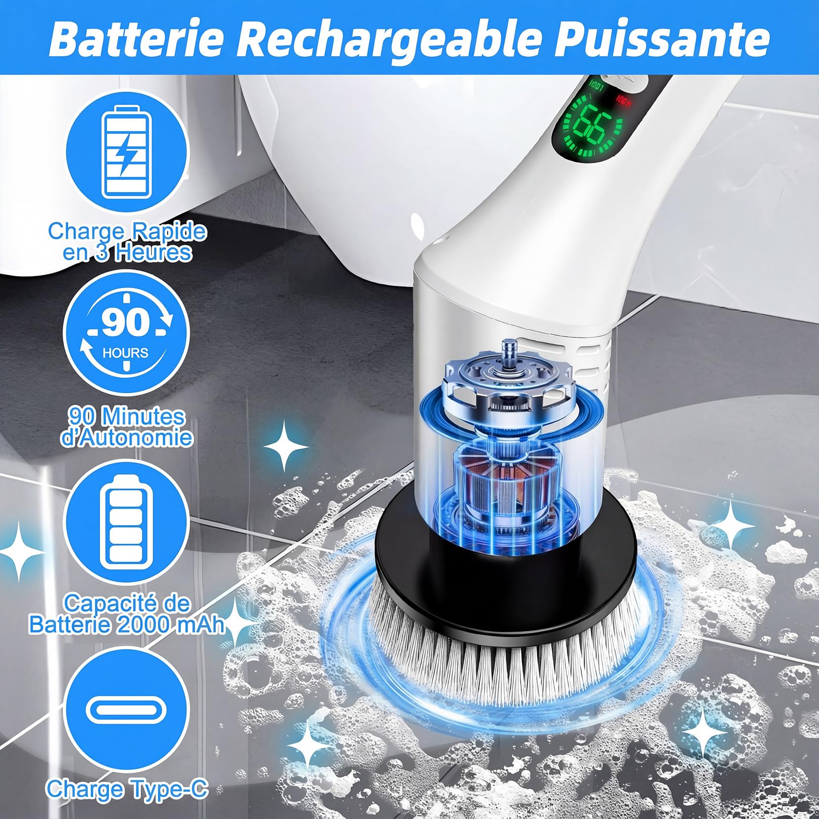 Brosse Nettoyage Electrique avec 9 têtes, Brosse Electrique Nettoyage étanche IPX6, 2 Vitesses Télescopique Brosse Rotative pour Salle de Bain, Cuisine, Sol, Voiture
