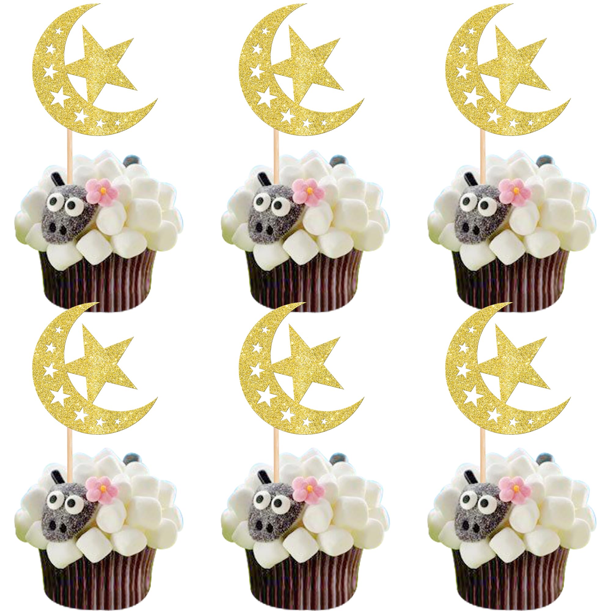 SYKYCTCY 24 Pack Moon and Star Eid Mubarak Cupcake Toppers Glitter Star Ramadan Kareem Cupcake Pick Islamic Muslim Theme Party Cake Decoration Supplies Gold