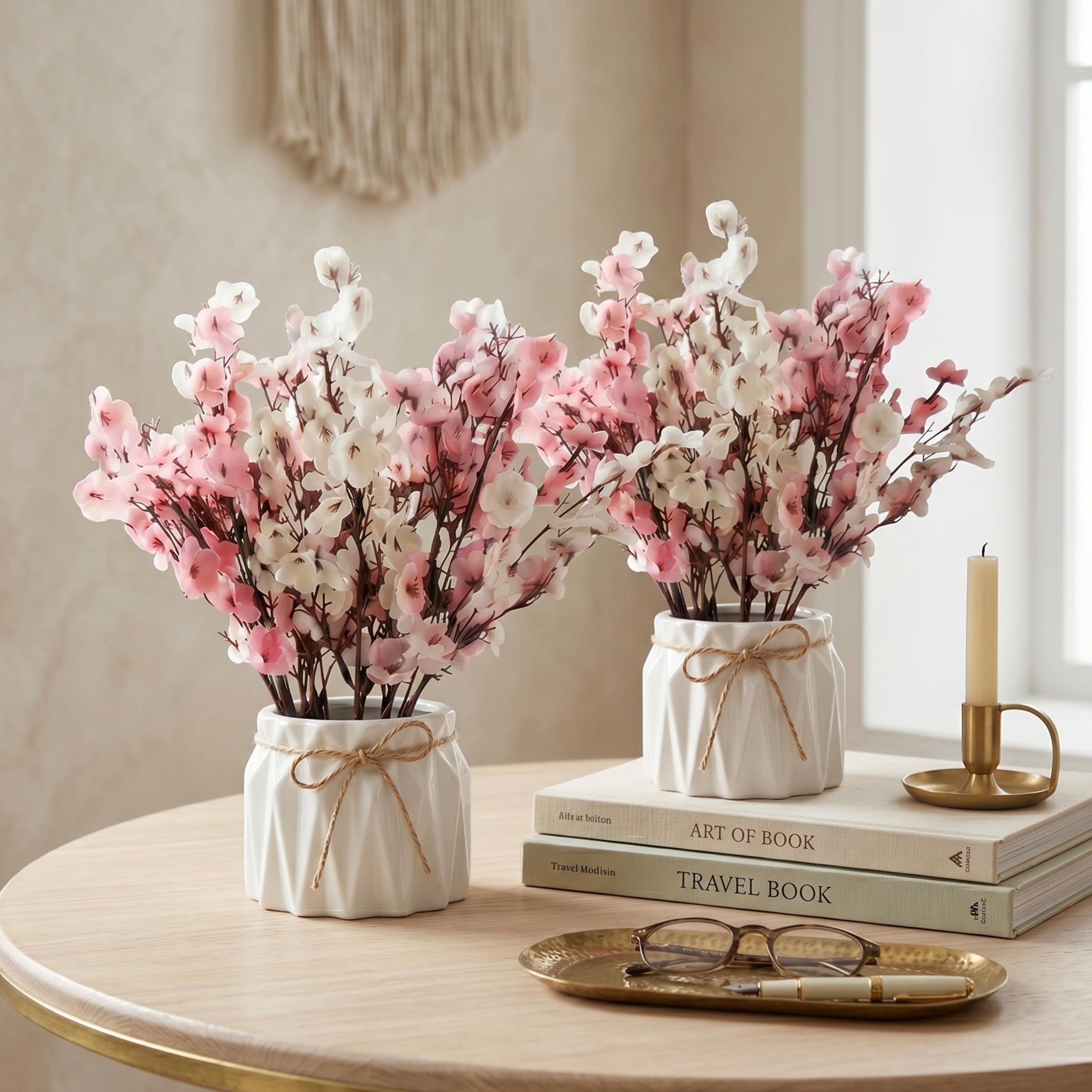 Dekorly Artificial Lavender Plant in White Pot, 18cm – Realistic Faux Flower Arrangement for Home & Office Décor (Set of 1) (2, Pink Baby's Breath Flower)