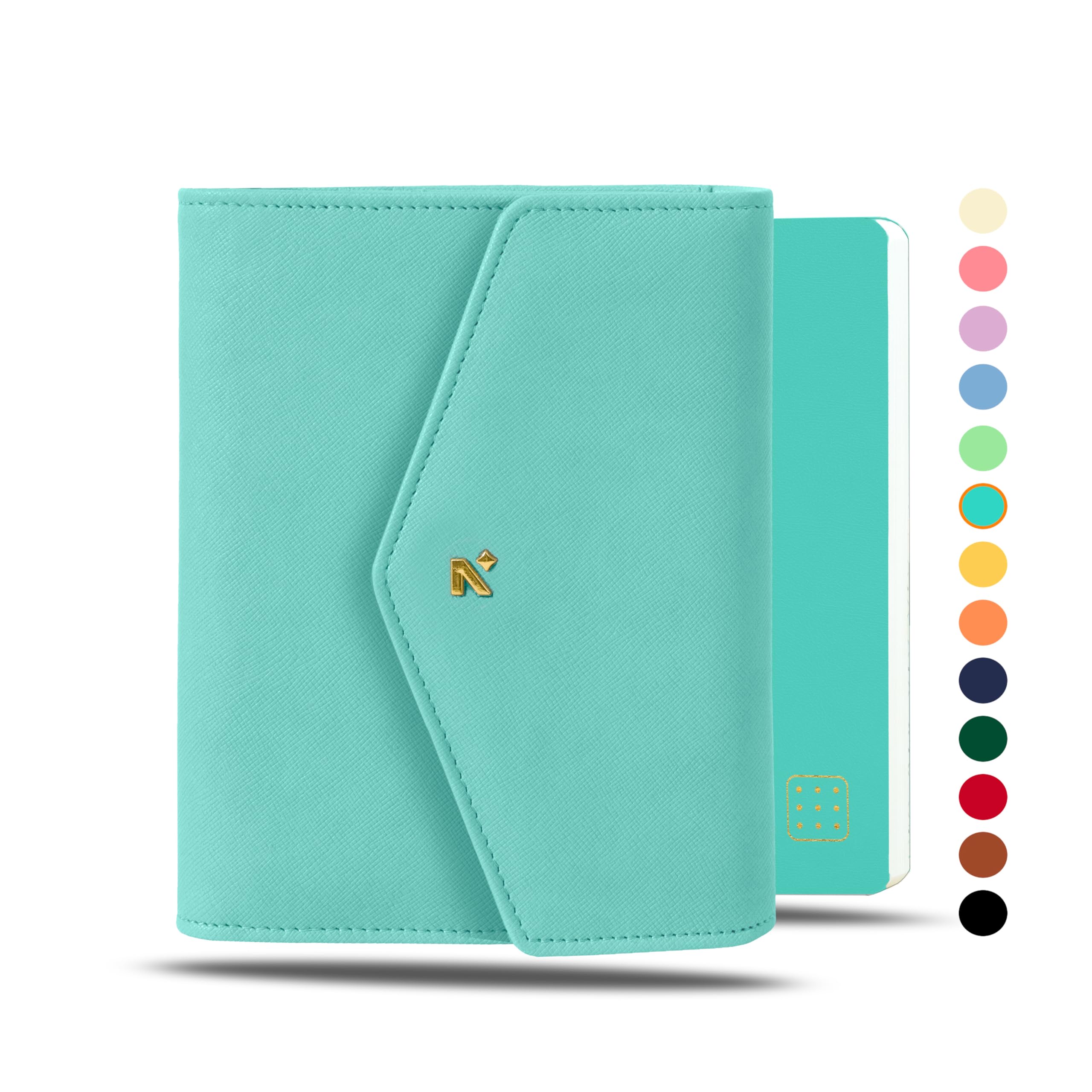 NEORAH-A6 Notebook Sleeve with Envelope Flap Closure + Dotgrid Journal |Faux Leather Sleeve + Penloop |Front & Back Pocket | 4 Card Slots |Fits Any A6 Softcover Planner Organizer Journal- Teal-image-42