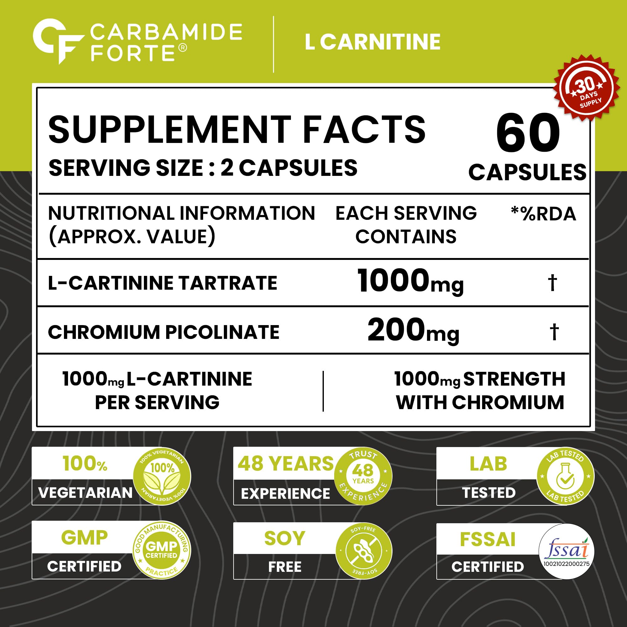 CF Carbamide Forte L Carnitine Supplement 1000mg Capsules for Men & Women | Pre Workout Supplement -Veg Capsules 60 Count