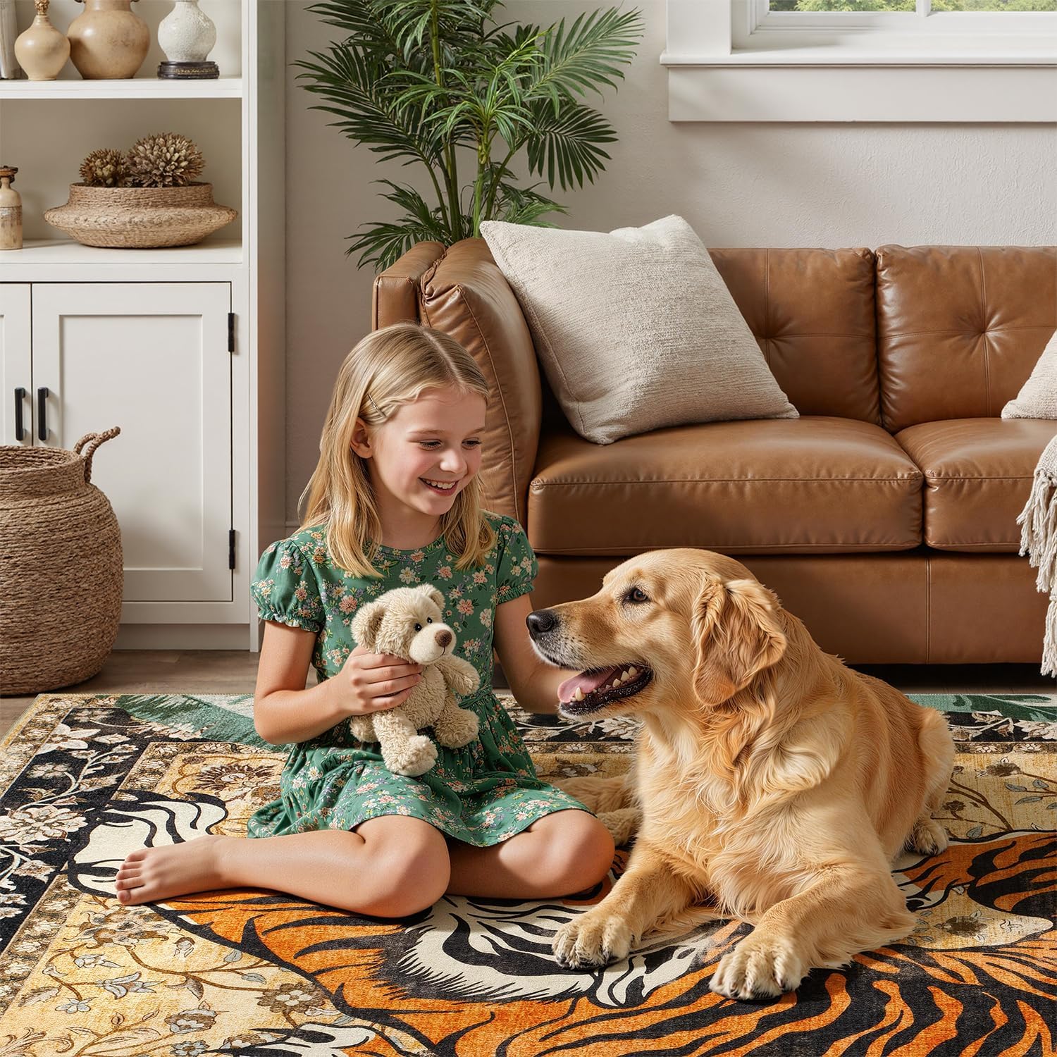 DCX Washable 3x5 Tiger Rug, Brown Vintage Animal Rug for Entryway, Soft Low Pile Carpet, Kid & Pet Friendly with Rubber Back Non Slip, Stain Resistant Rug for Bedroom, Laundry, Bathroom