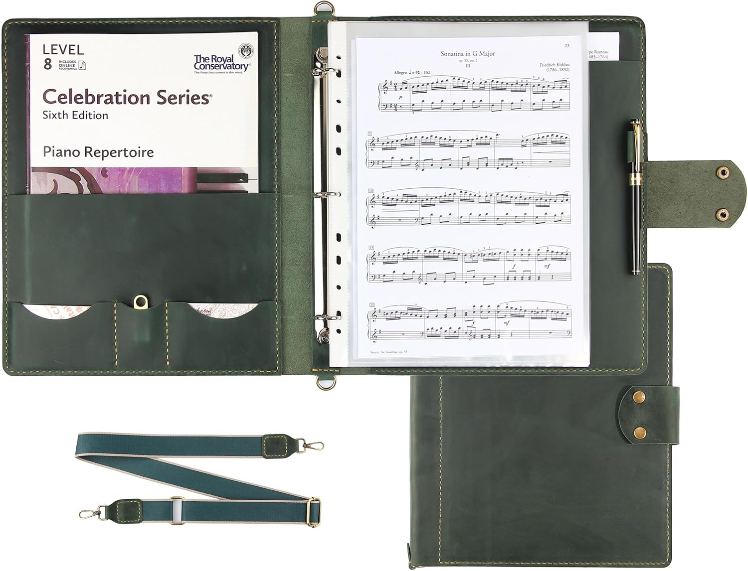 Handmade Leather Sheet Music Folder, 3-Ring Choir Binder with Clear Sheet Protectors, Premium Leather Portfolio for Music Organizer & Office Use - Green