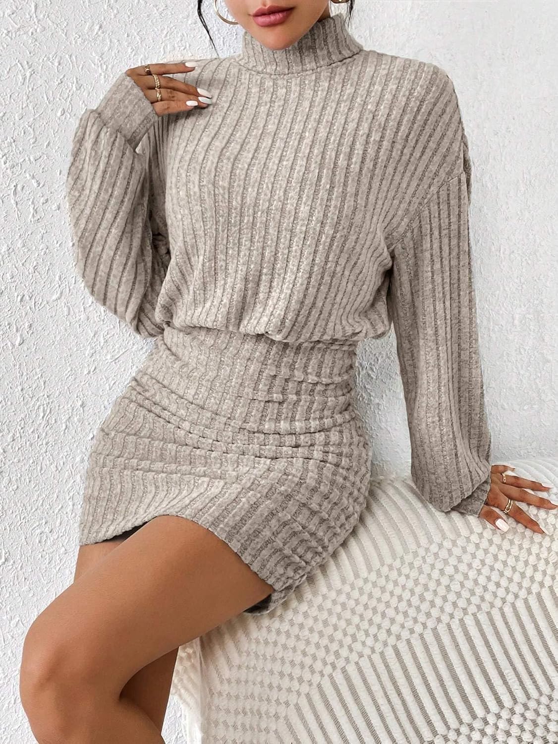 Women's Pullover Sweater Dress Long Lantern Sleeve Turtle Neck Cute Ribbed Knit Bodycon Mini Short Dress 2025 Fall - Image 4