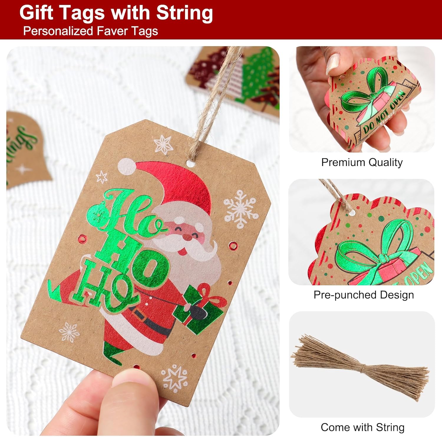96 Christmas Gift Tags with String Attached – 16 Foil Holiday Designs Kraft Name Tags for DIY Xmas Present Wrapping, Gift Bags & Holiday Packages (3 x 2.2 Inches) - Image 4