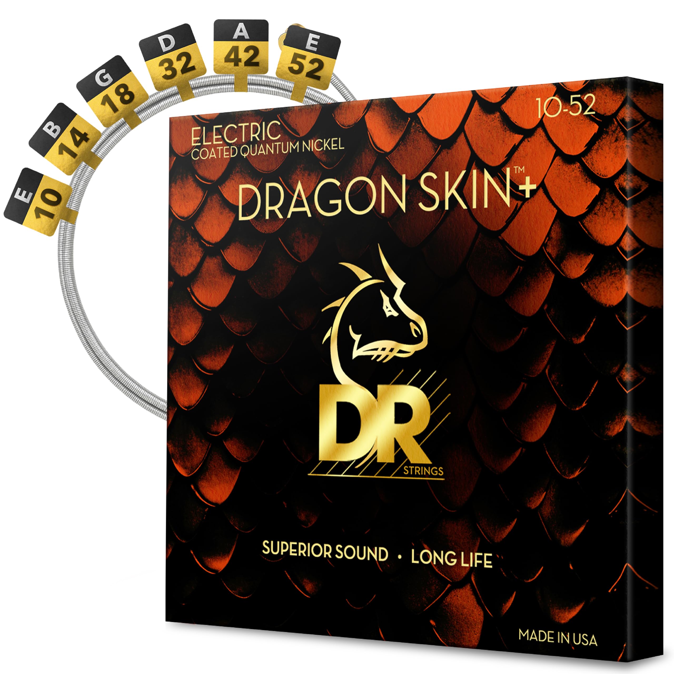 DRAGON SKIN+ - Coated Quantum Nickel Electric Guitar Strings – DEQ-10/52 – Superior Sound with Comfortable Feel & Long Life – Medium to Heavy 10-52