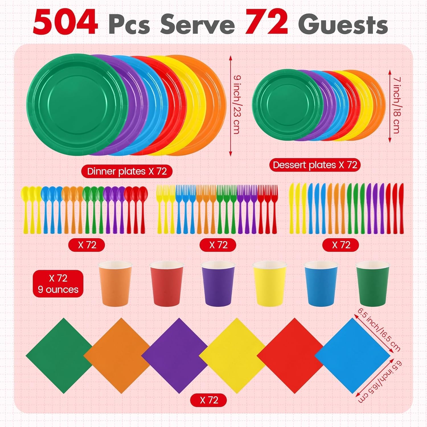 Kochorie 504 Pcs Rainbow Party Supplies Set, Colorful Disposable Paper Tableware Set 7 inch & 9 inch Plates Cups Napkins Cutlery for Birthday Baby Shower Rainbow Neon Party Decorations, Serve 72