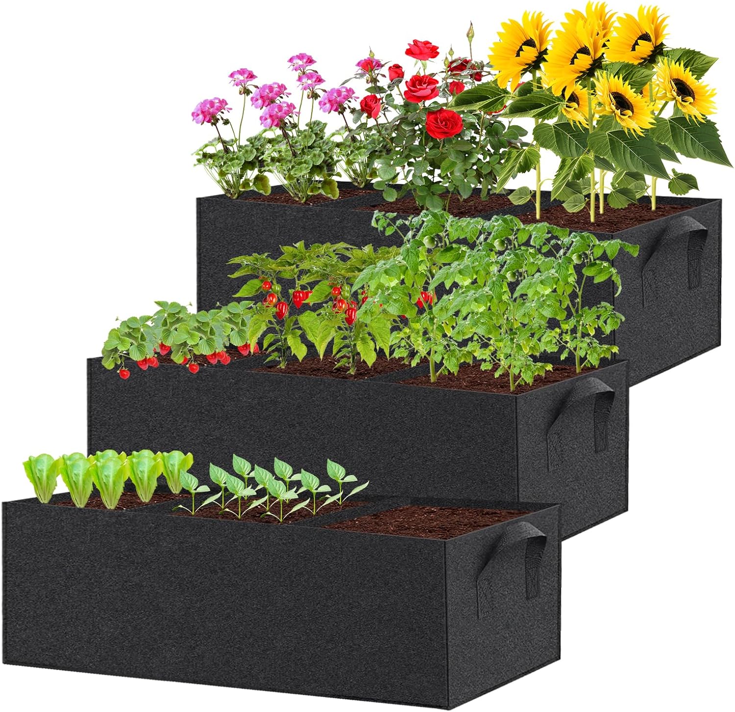 3 Pack Fabric Raised Garden Bed, 22 Gallon 3x1x1 FT Garden Growing Bags with Handle, 3 Grids Breathable Garden Grow Bed Bag Grow Planter Bags Plant Bed for Planting Vegetables, Flowers and Herbs