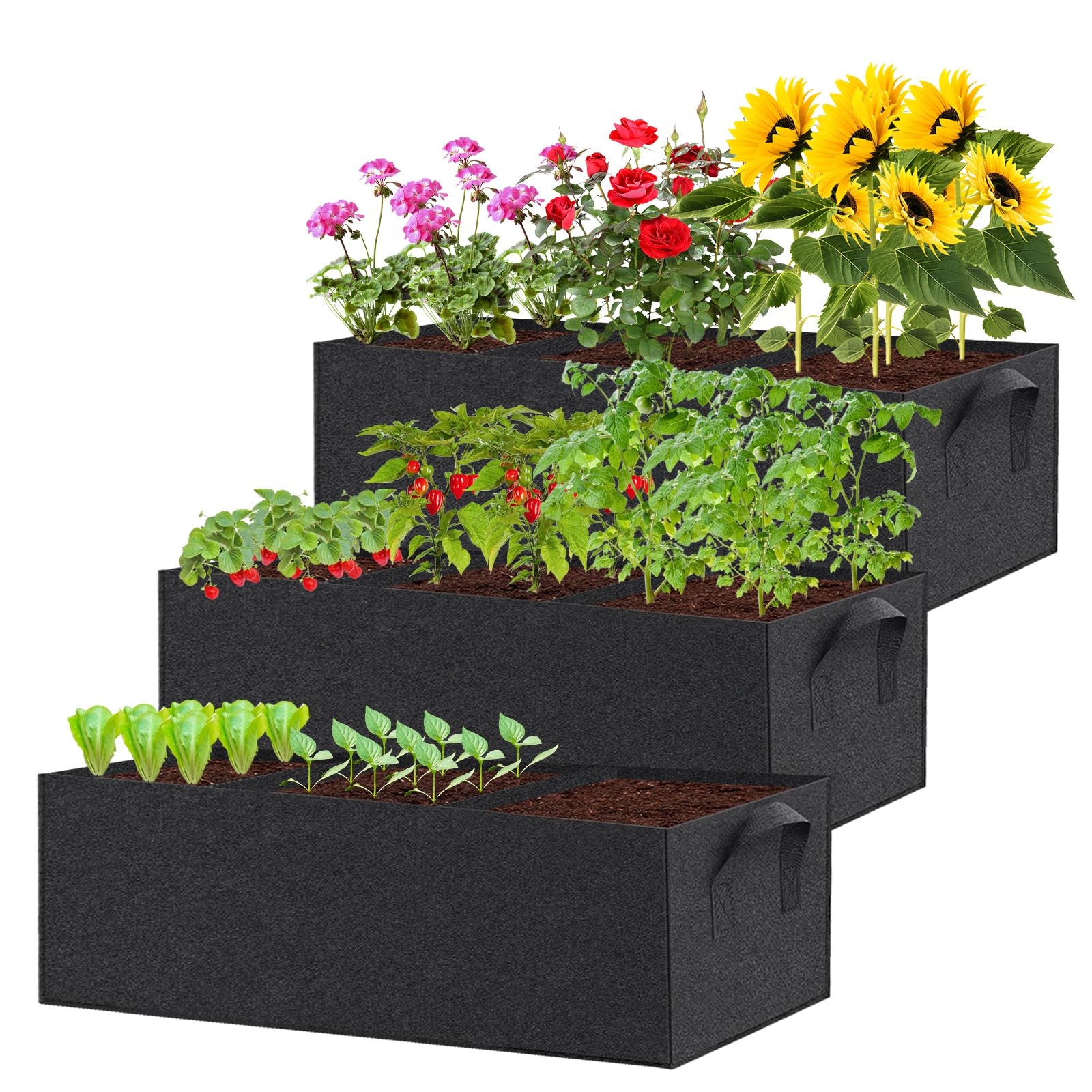 Paquete de 3 Camas de jardín elevadas de Tela, 22 galones de 3 x 1 x 1 pies, Bolsas de Cultivo de jardín con asa, 3 Rejillas Transpirables, Bolsa de Cultivo de jardín, Bolsas de Cultivo para Plantas