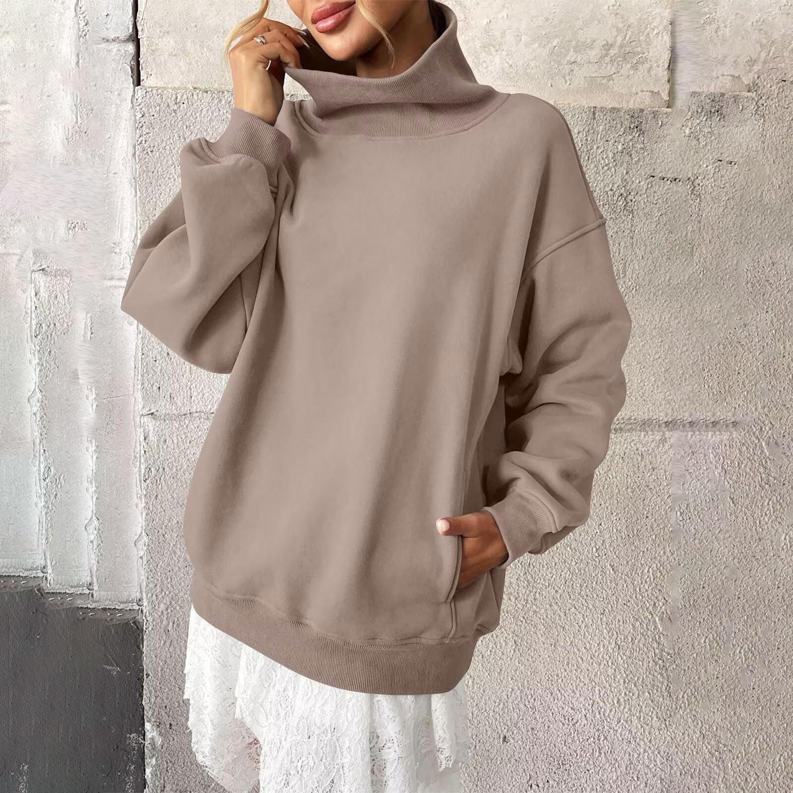 Sudadera de mujer sin capucha, sudadera con cuello alto y manga larga, tendencia de color liso, suéter cálido y cómodo, informal, salida, otoño e invierno