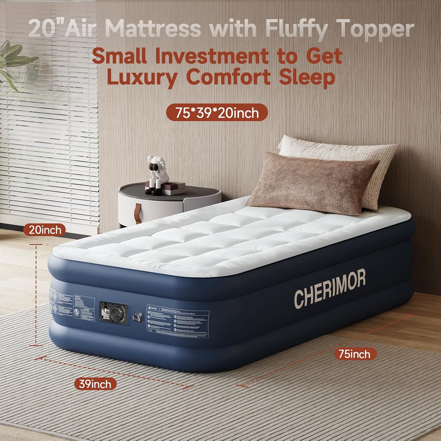 Twin Air Mattress Set with Cotton Filled Mattress Topper and Rechargeable Built in Pump