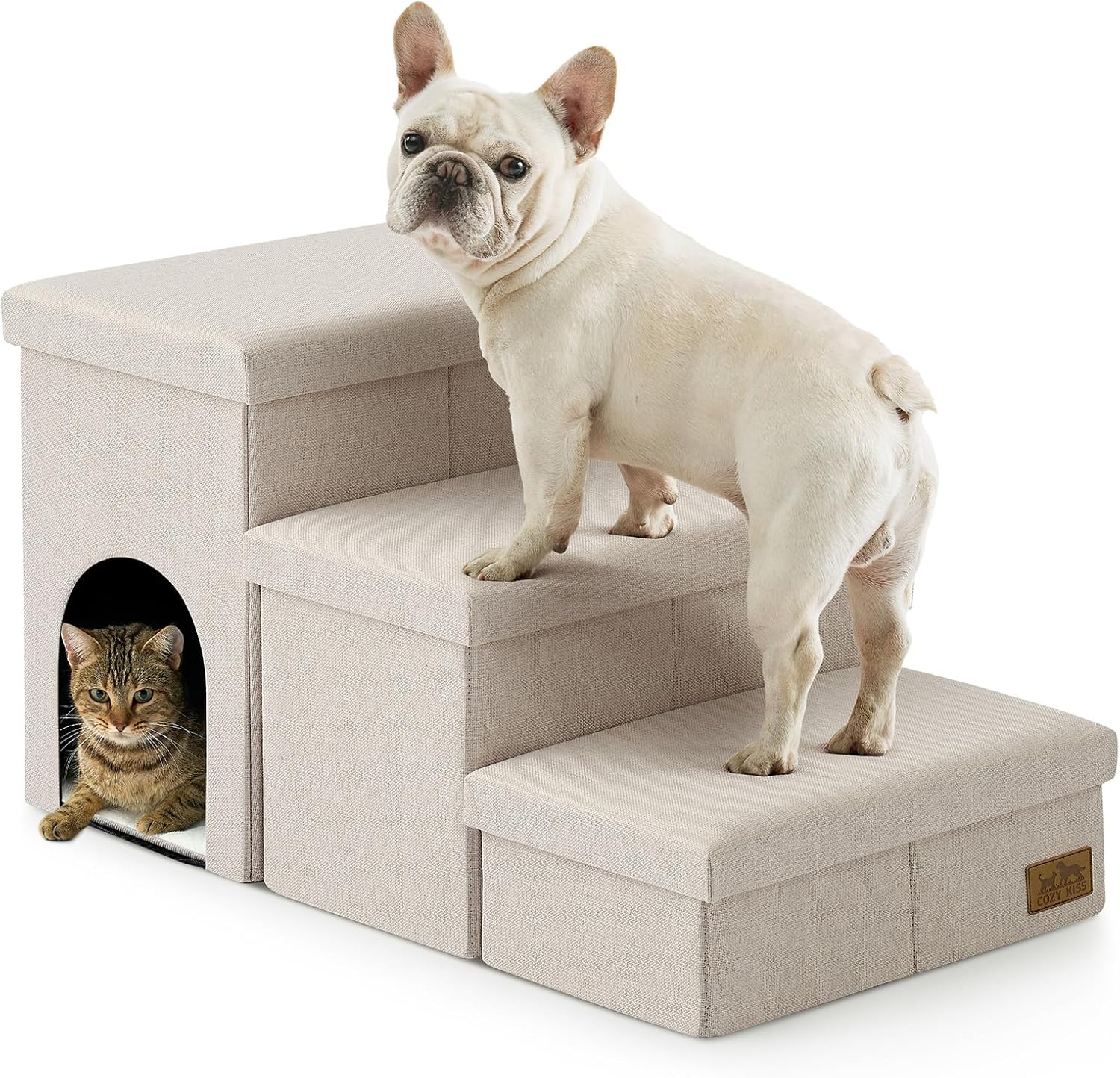 Dog Stairs with Storage, 3-Step Wider Sturdy Dog Steps for Small/Medium/Large Dogs and Older Cats, Doggie Ramp with Condo for Bed/Couch/Car Hold Up to 180 lbs (17.7″ H, Beige)