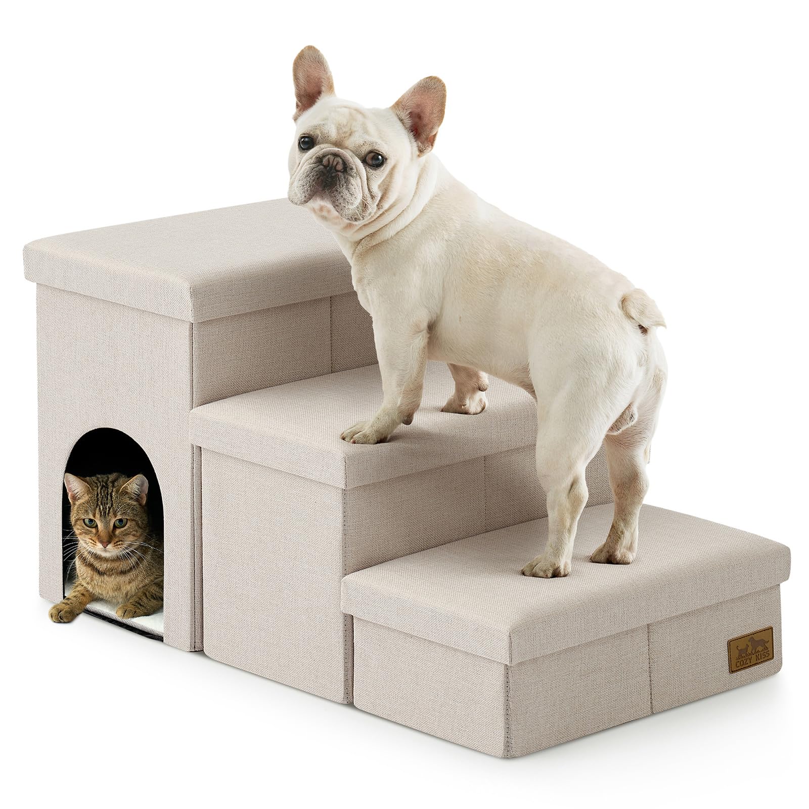 COZY KISS Dog Stair for Small Dogs with Storage, Foldable Pet Step with Leakproof Cover, Older Cat Ramp for Chair Couch Sofa, Lightweight, Comfort (Beige, Condo(83x43x43cm), 3)
