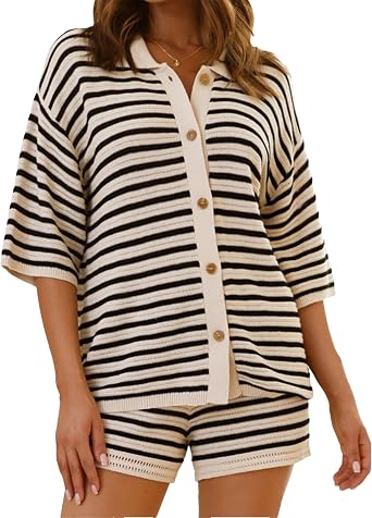 Womens Summer Crochet Outfit Striped Lapel Button Short Sleeve Knit Top Drawstring Waist Striped Shorts Set